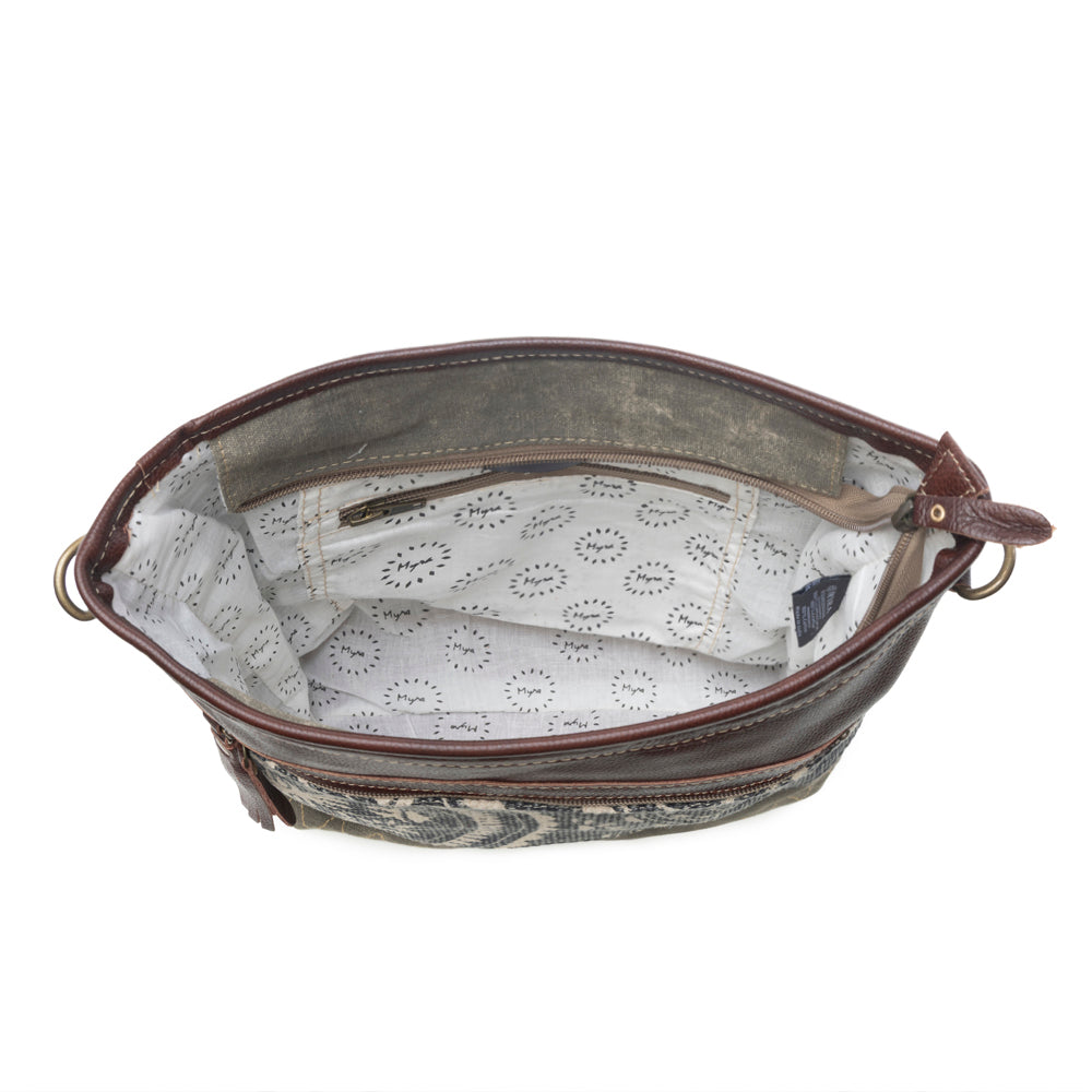 Myra Vogue Shoulder Bag for Women with upcycled canvas and genuine leather with zigzag woven accents - Myra USA