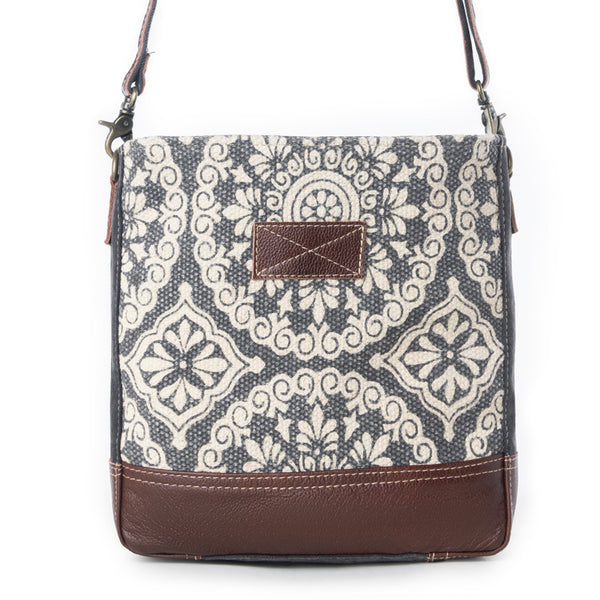 Myra Freaky Leather Shoulder Bag - Tribal Floral Print with Leather Trim for Everyday Bohemian Chic - Myra USA