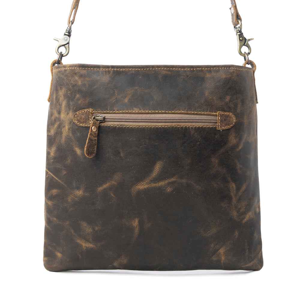Myra Beast Leather Messenger Bag for women in brown distressed full-grain leather with dront procket