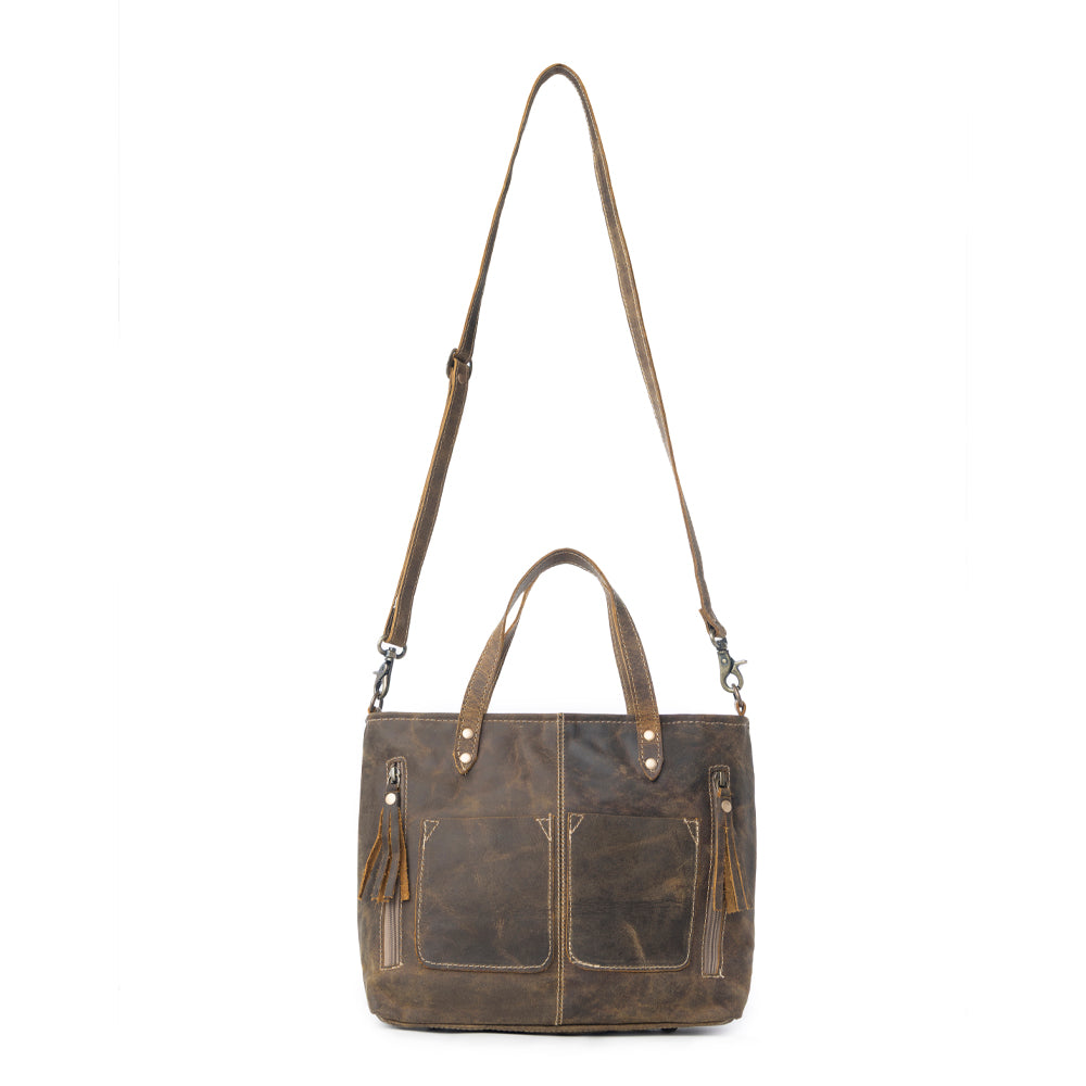 Myra Ultimate Choice Brown Suede Leather Handbag for Women Twin Top Handles, Crossbody Strap, Double Front Pockets - Myra USA