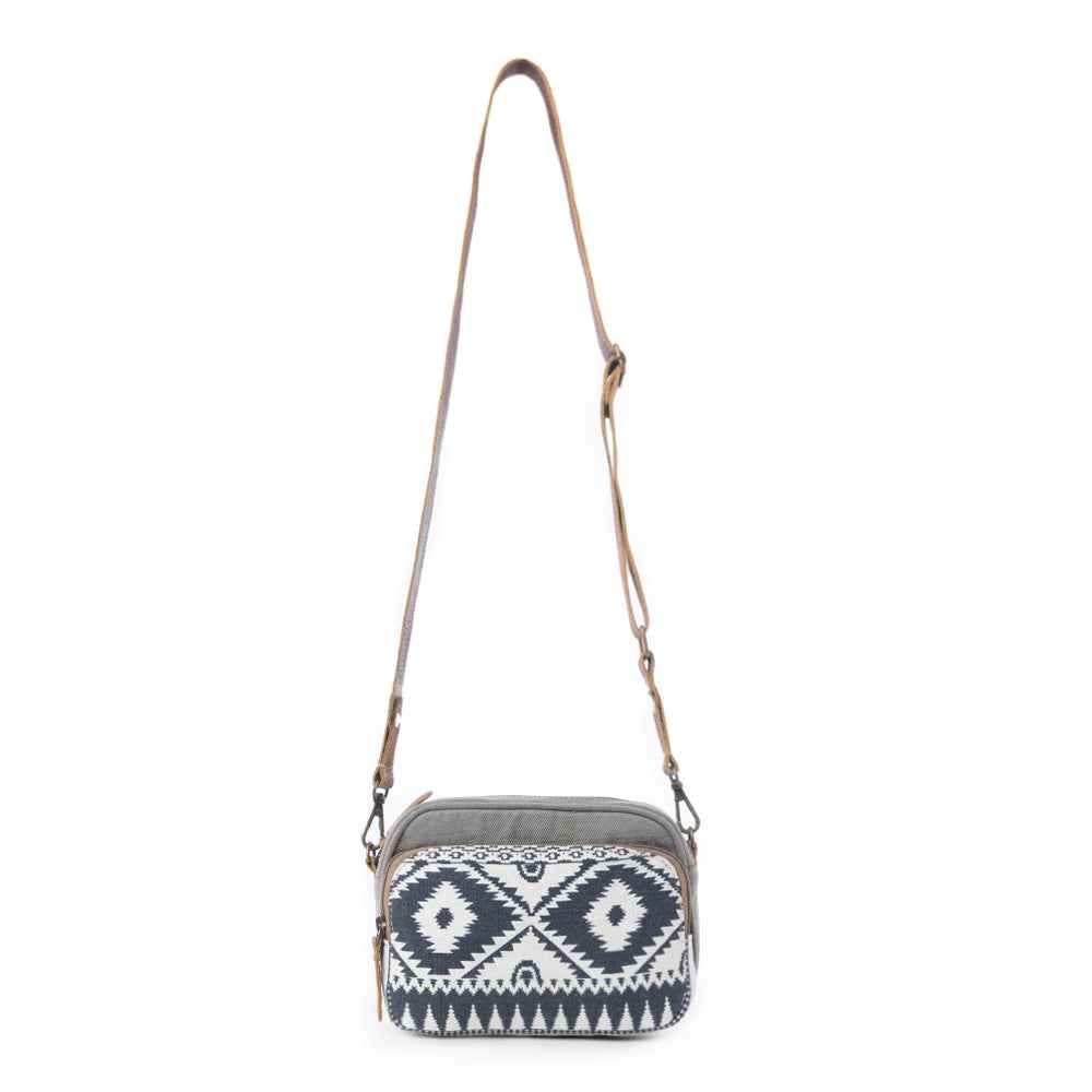 Myra Temptation Tribal Pattern Small Crossbody Bag for Women – Geometric Canvas Front, Adjustable Leather Strap for Everyday Western Style