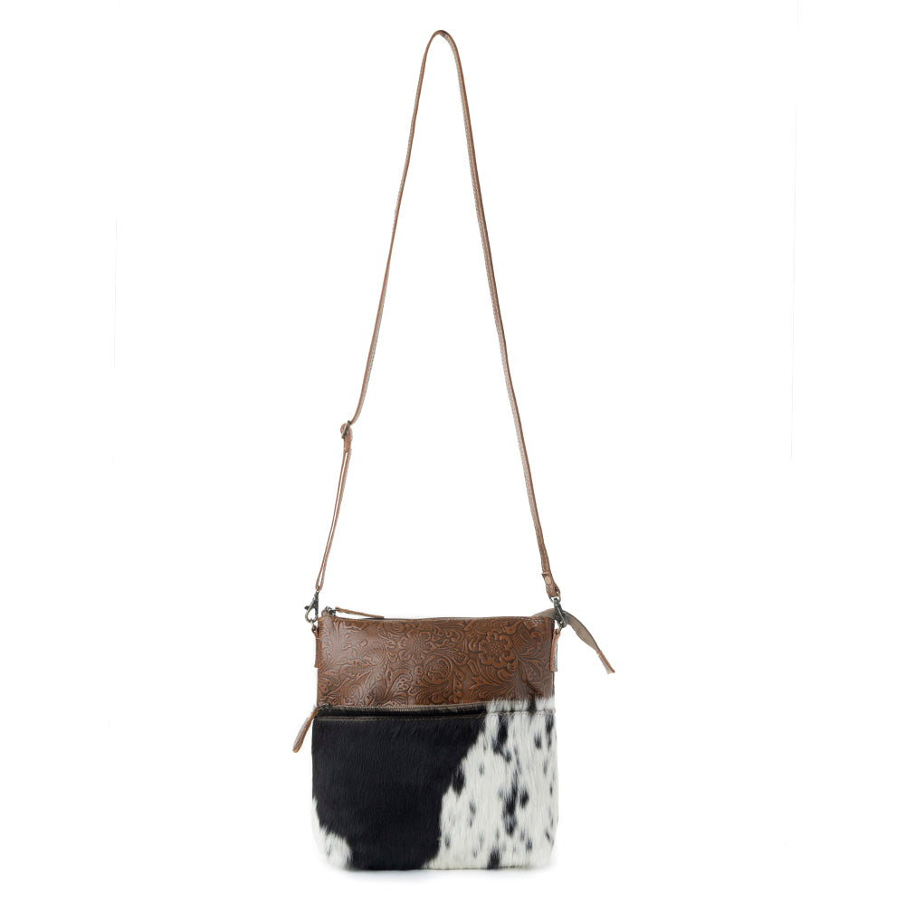 Myra Frontier Trail Embossed Leather Crossbody Bag Western Hairon Purse with Adjustable Leather Strap - Myra USA