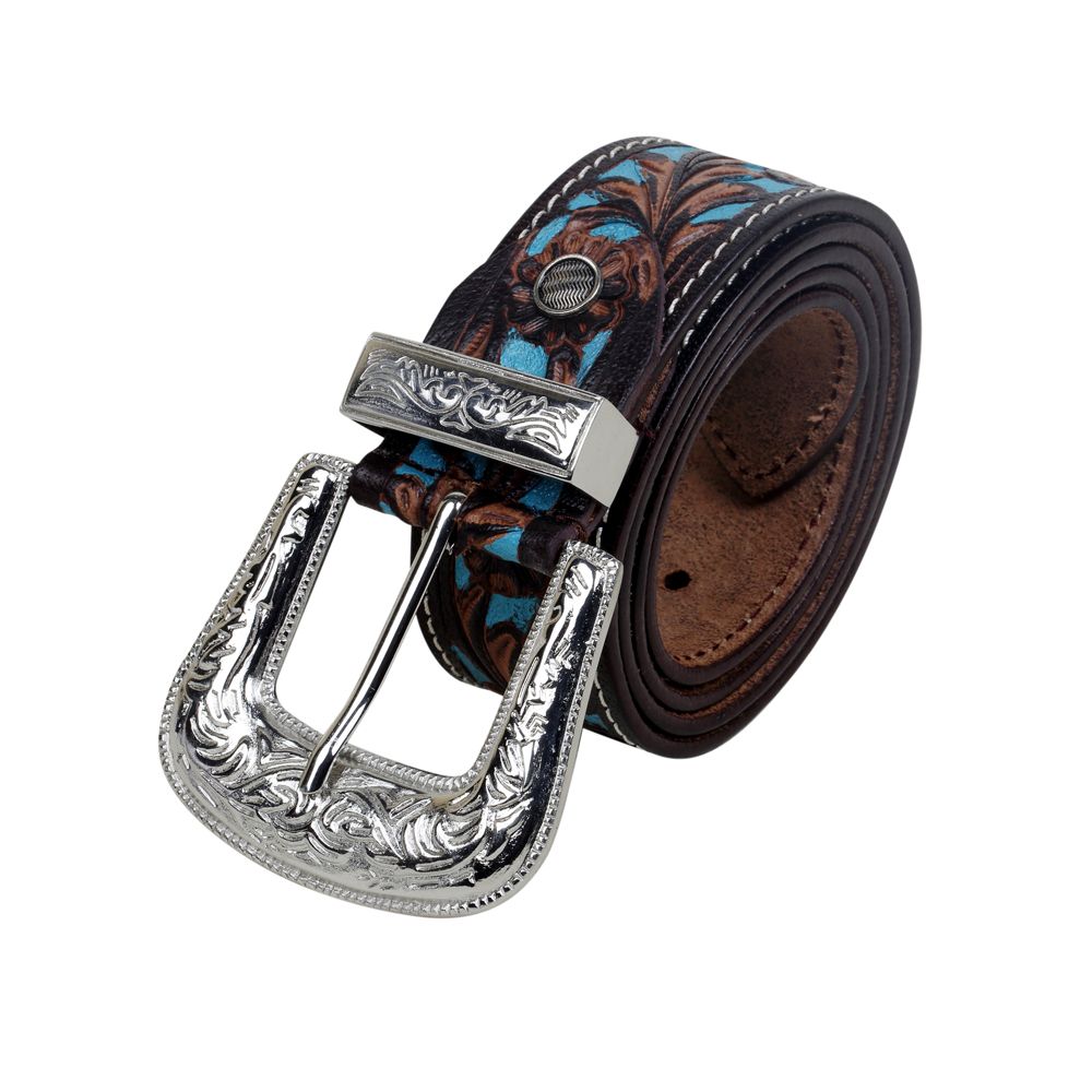 Turquoise Hand-Tooled Leather Women's Belt - Myra USA