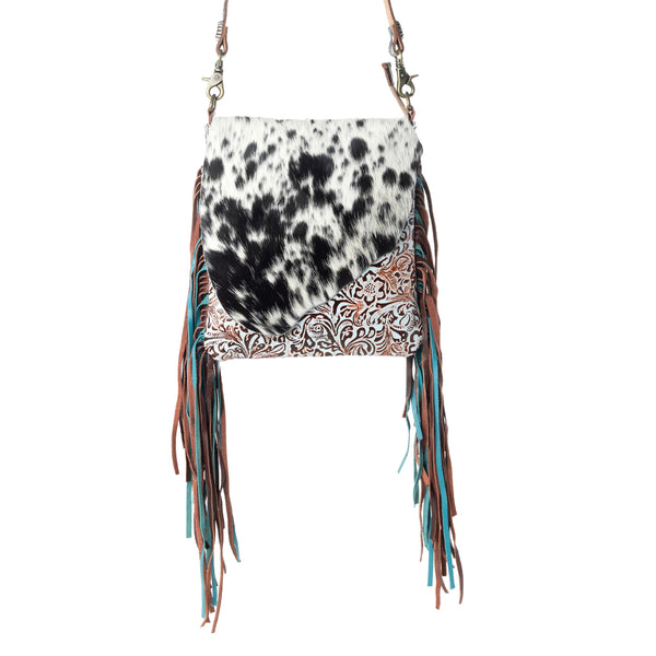 Myra Cobal Blue Concealed Carry Bag in Hair on Leather with embossed turquoise detailing and fringe