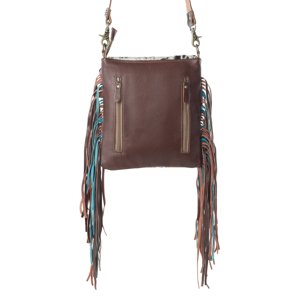 Myra Cobal Blue Concealed Carry Bag in Hair on Leather with embossed turquoise detailing and fringe - Myra USA