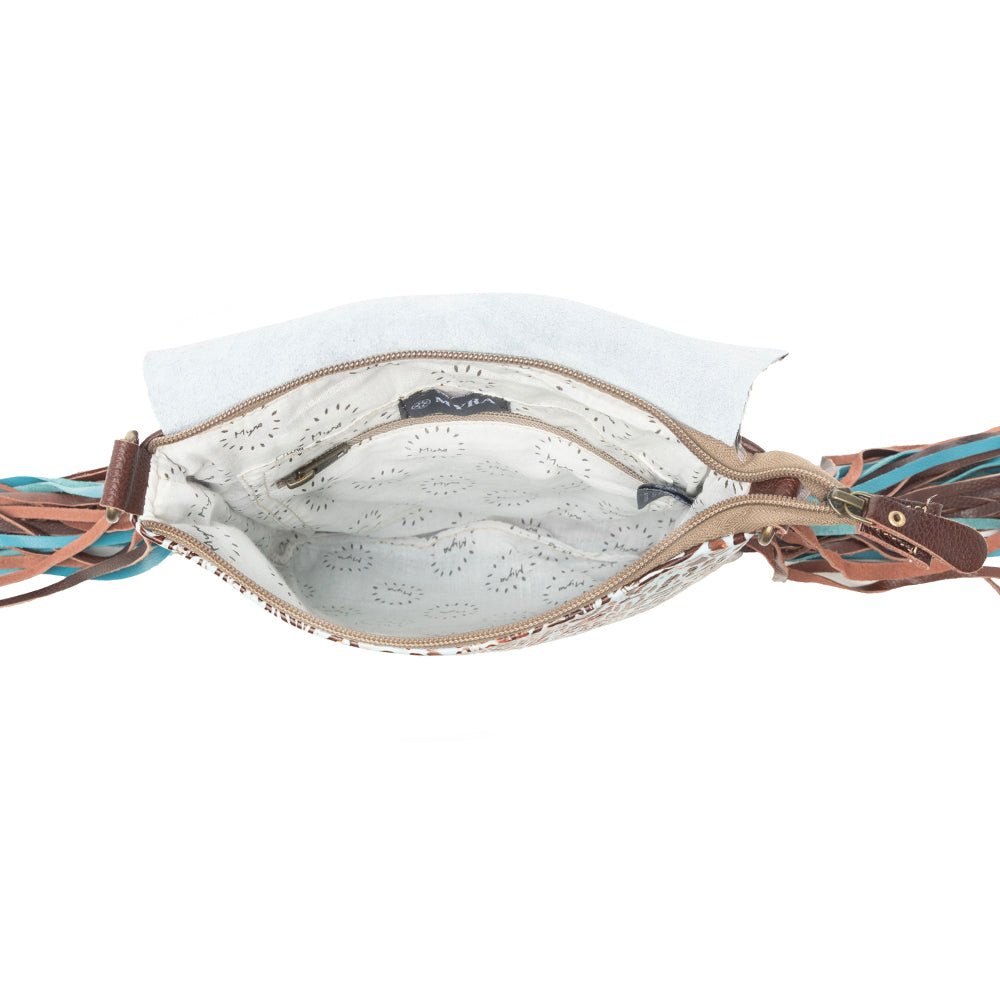 Myra Cobal Blue Concealed Carry Bag in Hair on Leather with embossed turquoise detailing and fringe - Myra USA