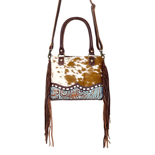 Myra Brown Freckles Concealed Carry Bag Hairon Leather with Fringe Detail and Tooled Trim, Dual Carry Western Tote - Myra USA