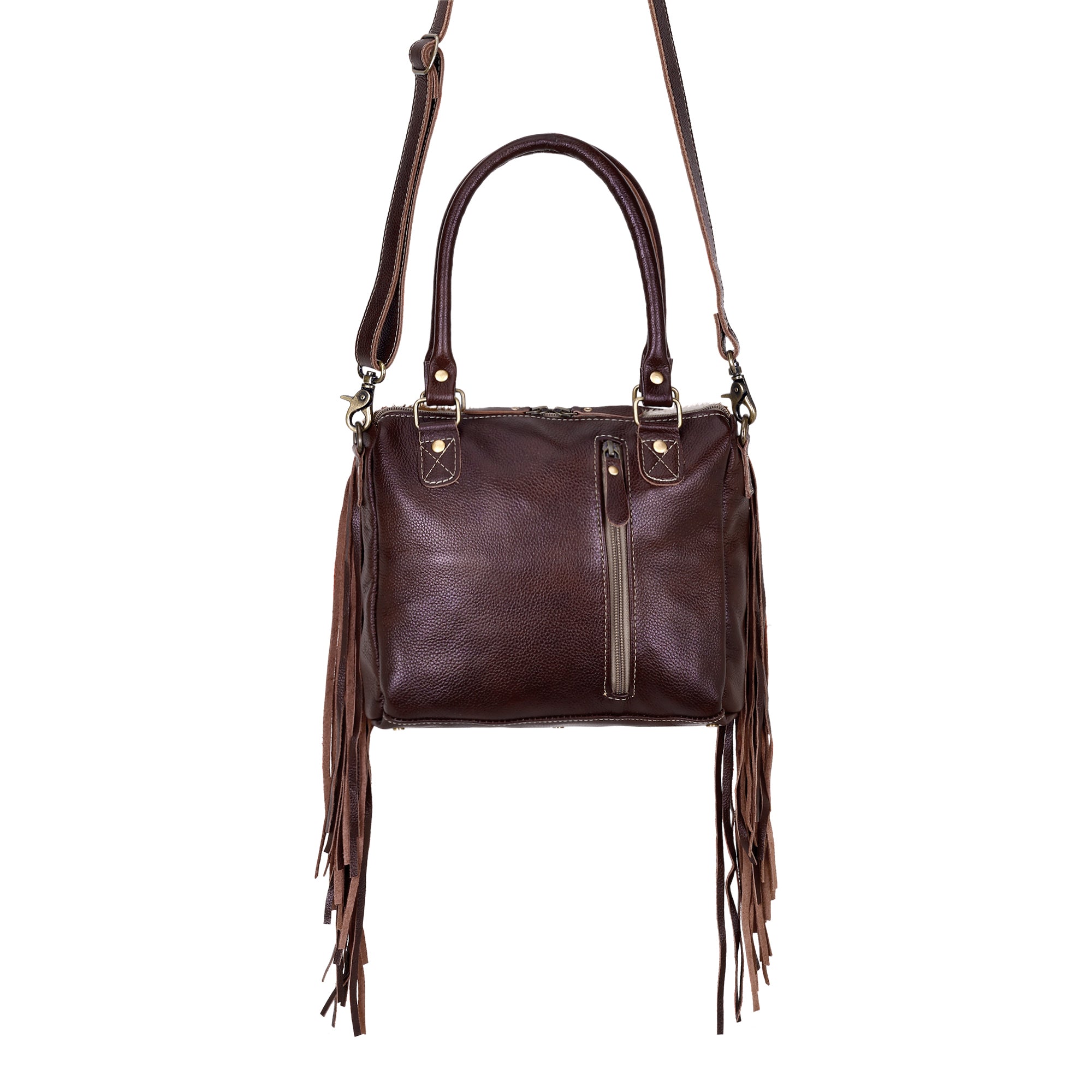 Myra Brown Freckles Concealed Carry Bag Hairon Leather with Fringe Detail and Tooled Trim, Dual Carry Western Tote - Myra USA