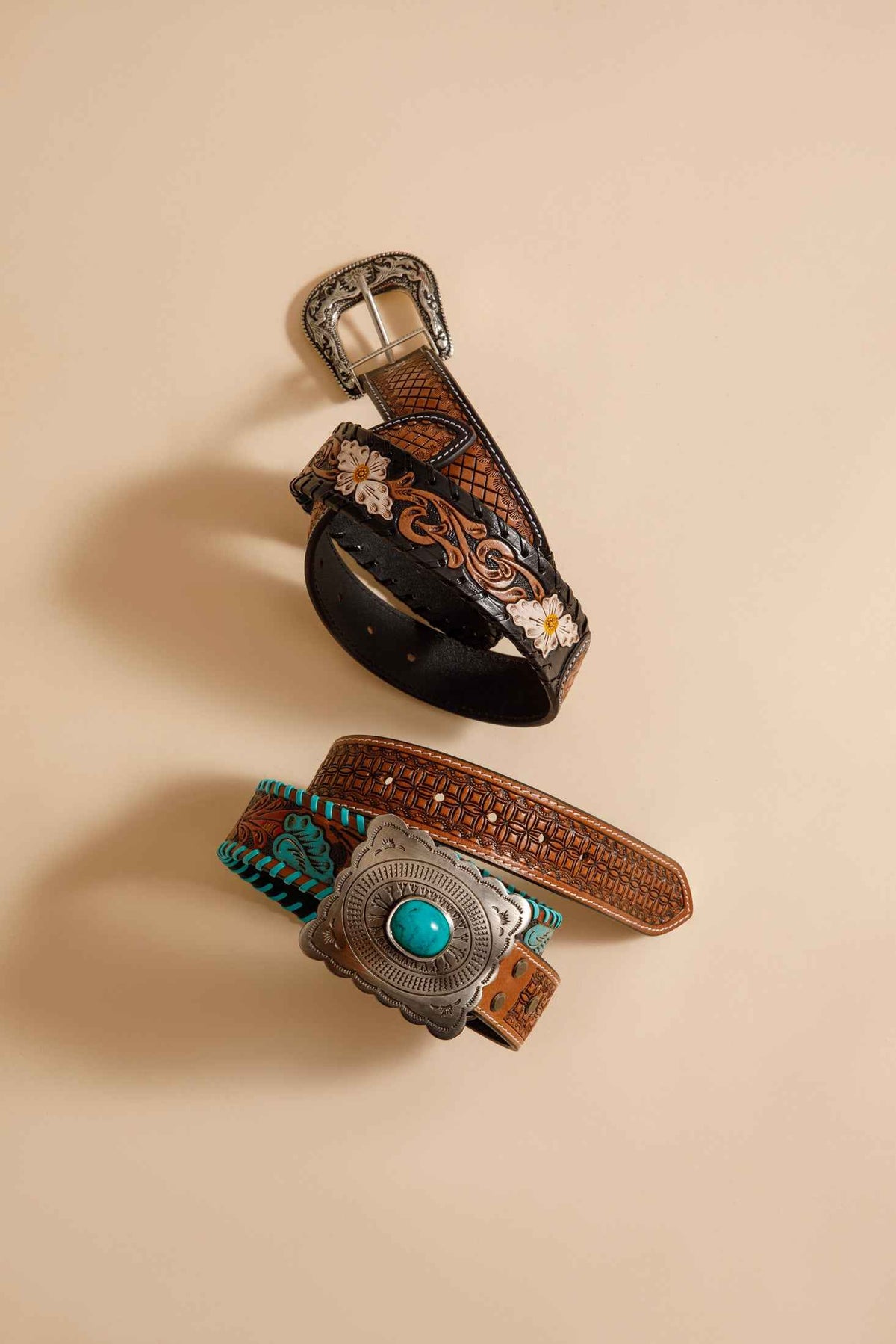 Myra Tropical Forest Belt for Women with handtooled leather in tropical inspired design