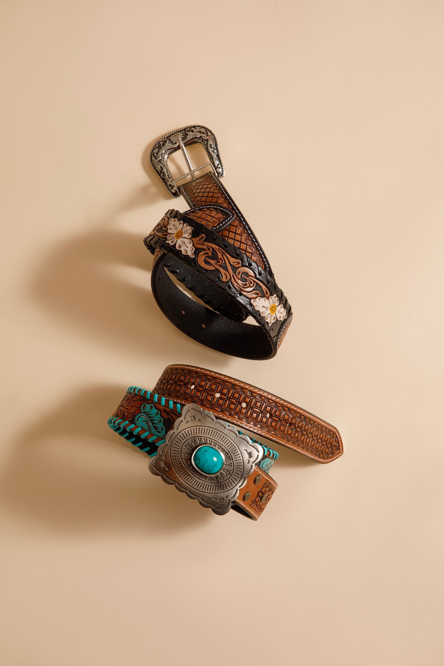 Checkered brown Hand-Tooled Leather Women's Belt - MyraUSA