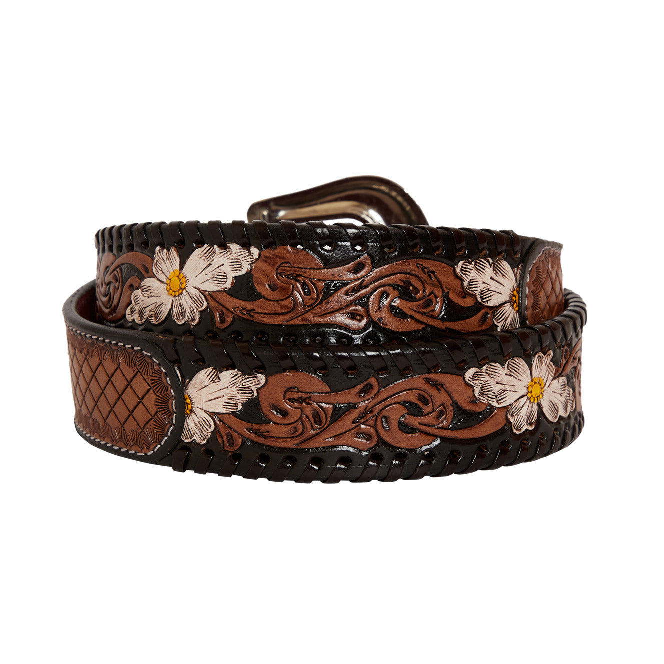 Checkered brown Hand-Tooled Leather Women's Belt - MyraUSA