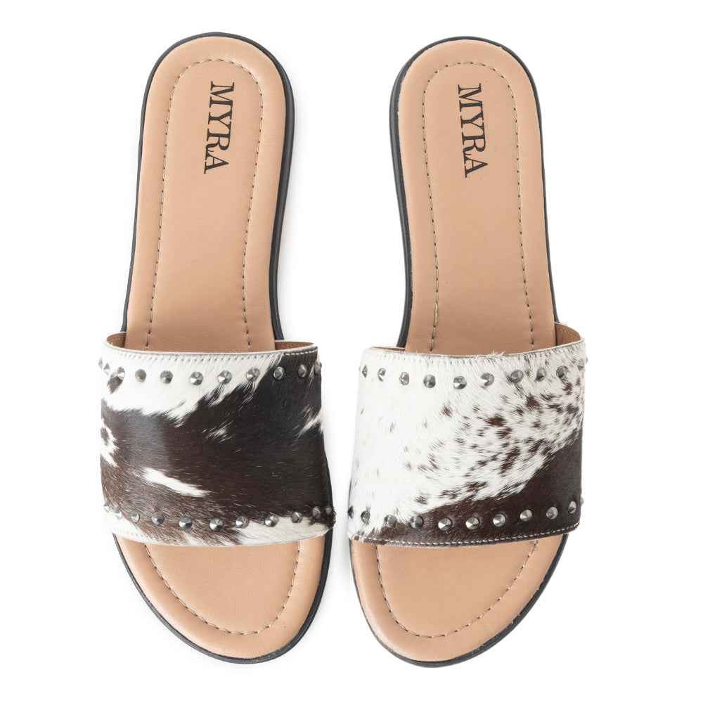 Myra Wild Dust Hairon Leather Slide Sandals – Studded Flats for Women, Slip-On Comfort with Western Charm