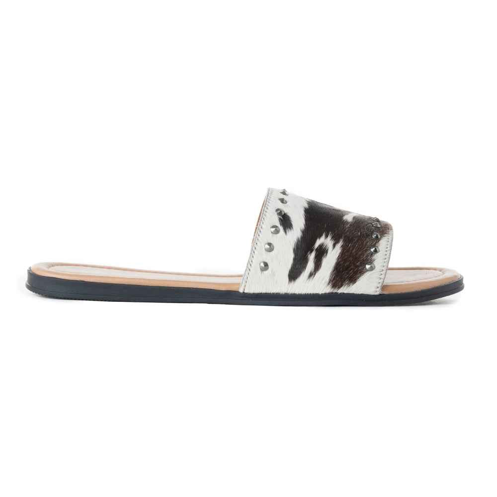 Myra Wild Dust Hairon Leather Slide Sandals – Studded Flats for Women, Slip-On Comfort with Western Charm
