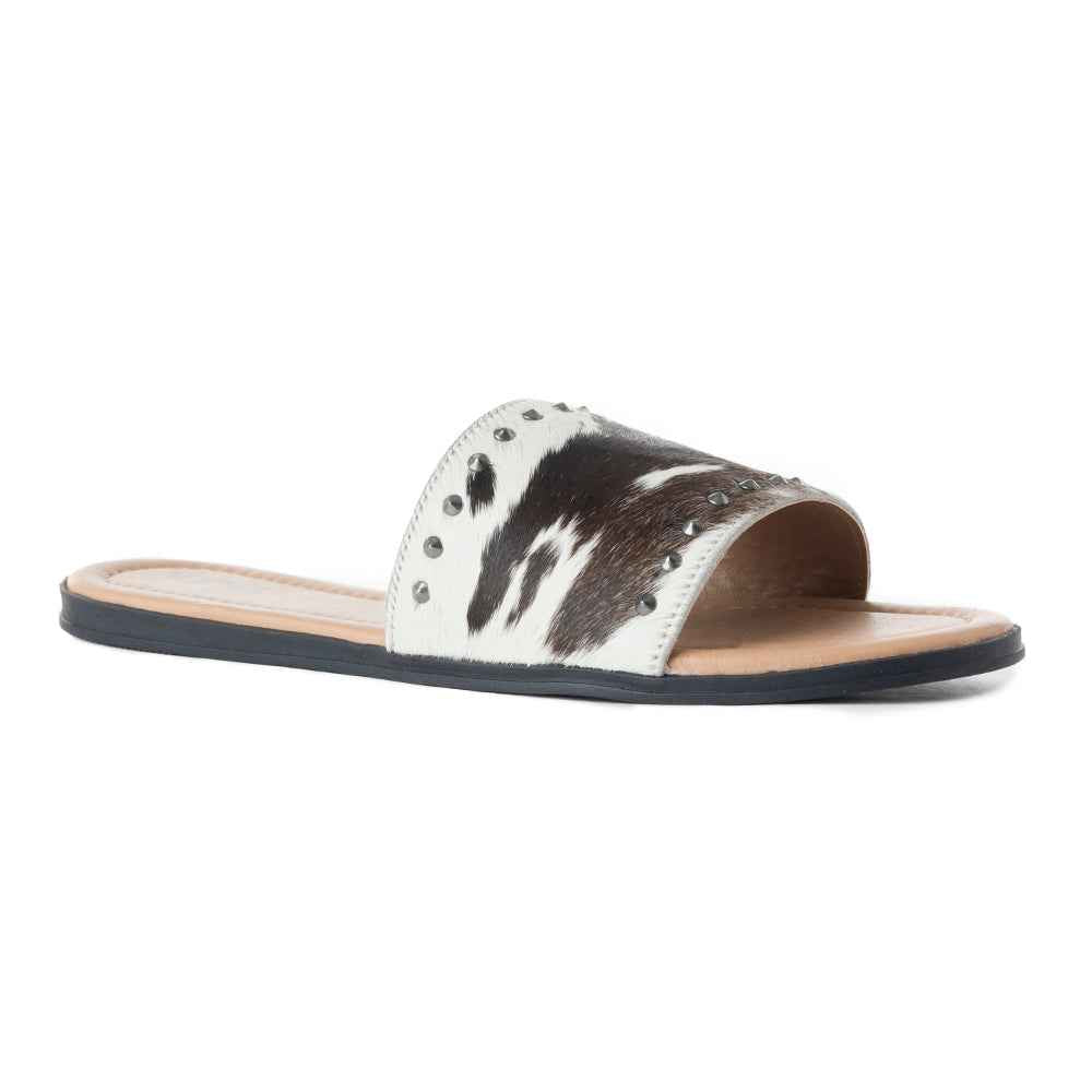 Myra Wild Dust Hairon Leather Slide Sandals – Studded Flats for Women, Slip-On Comfort with Western Charm