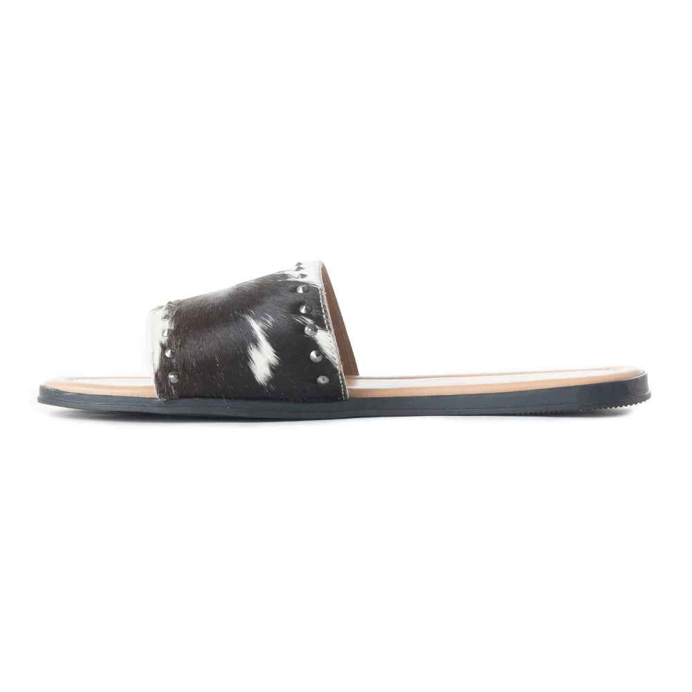 Myra Wild Dust Hairon Leather Slide Sandals – Studded Flats for Women, Slip-On Comfort with Western Charm
