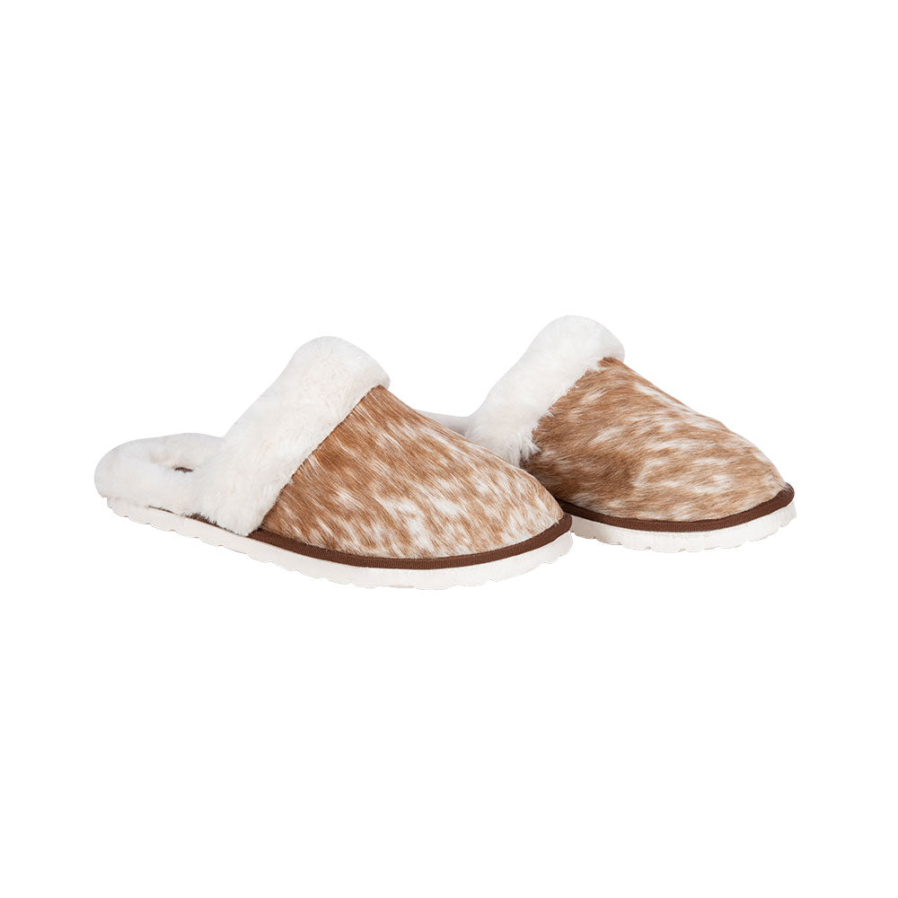 Western slippers with brown and white hairon leather and soft, fluffy white lining