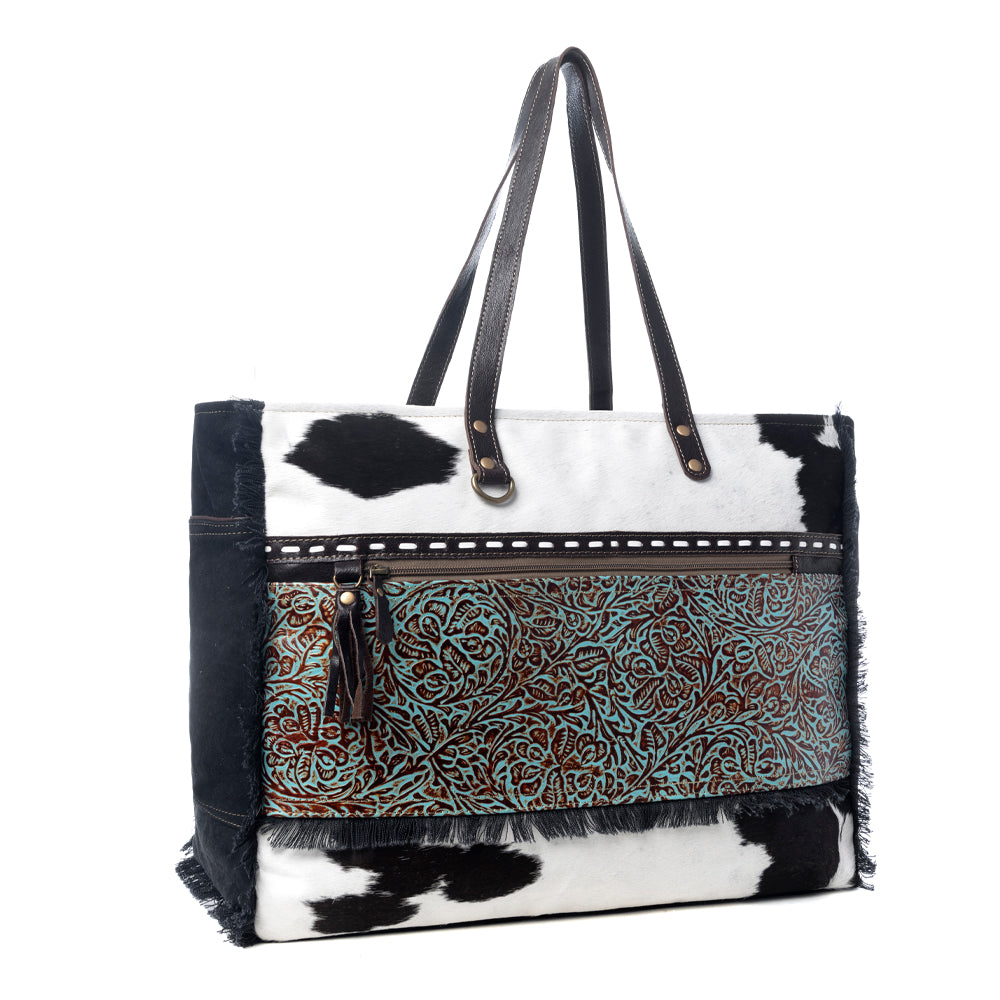 Myra Sea Grass Hair-On Leather Tote - Spacious Cowhide Bag with Embossed Front Pocket for Everyday Elegance - Myra USA