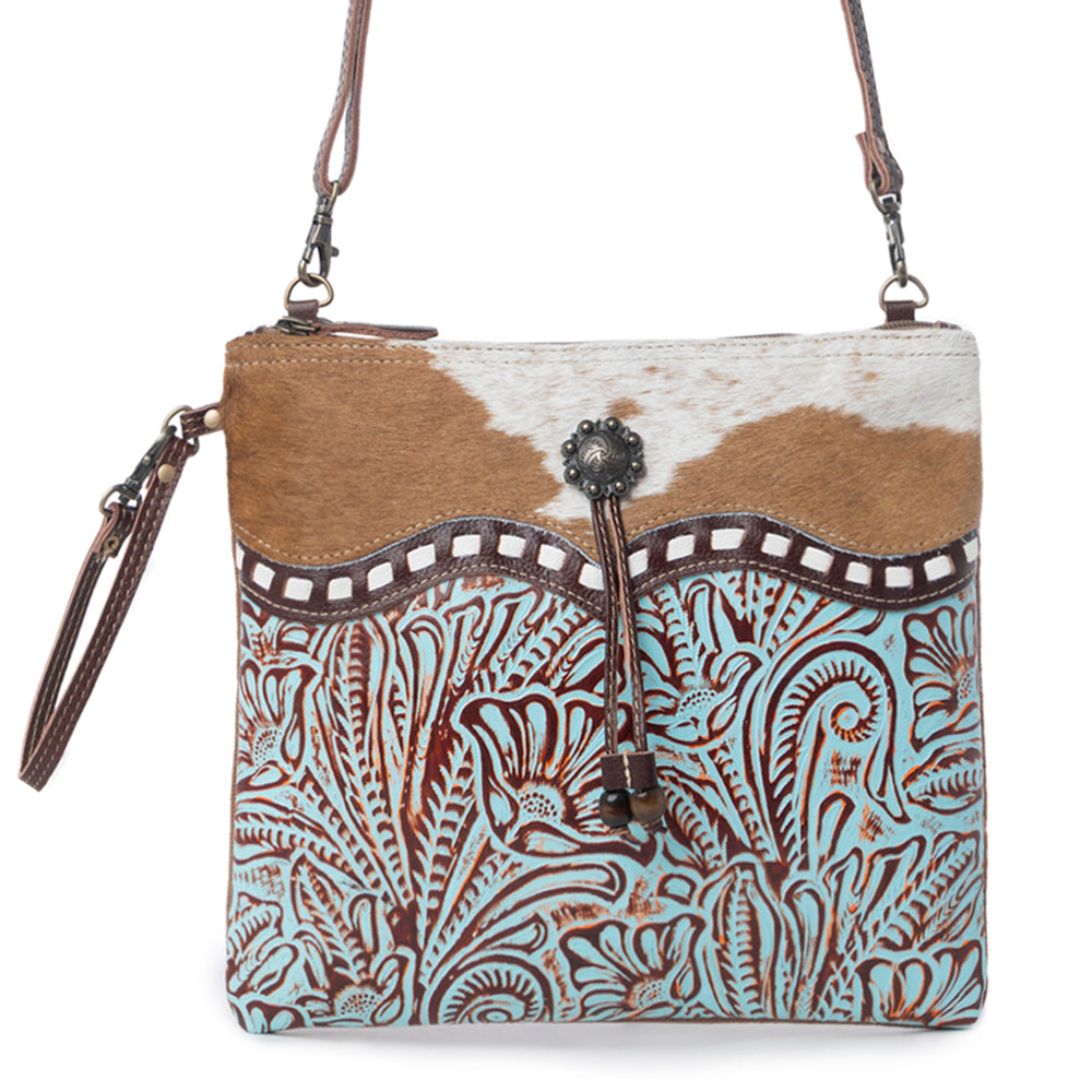 Myra Blue Isle Embossed Leather Crossbody Bag for Women Small Size Western Sling with Hairon Accents - Myra USA