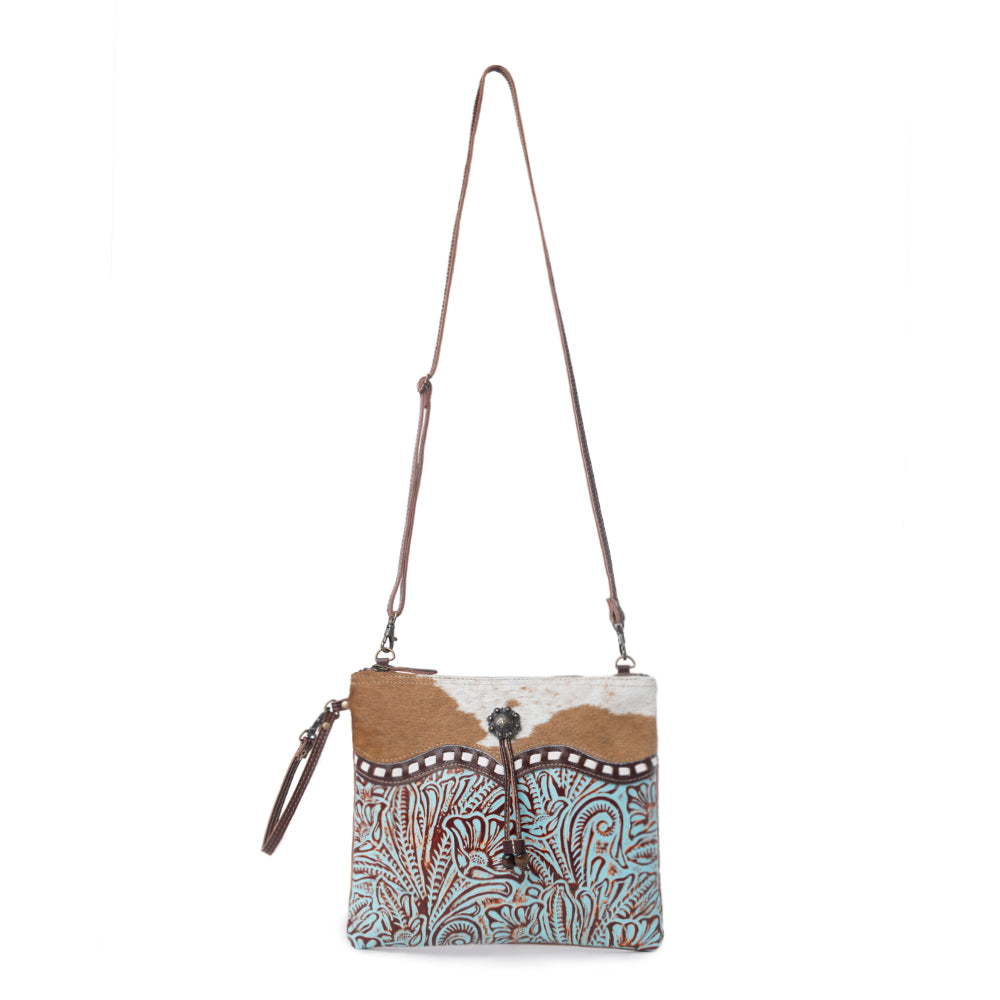 Myra Blue Isle Embossed Leather Crossbody Bag for Women Small Size Western Sling with Hairon Accents - Myra USA