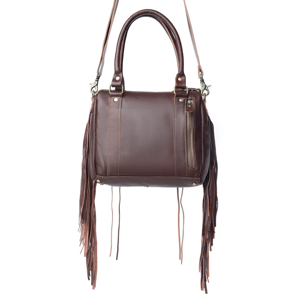 Myra Maia Hairon Leather Concealed Carry Bag for Women – Tooled Leather Panels, Fringed Sides, Dual Straps for Easy Carry - Myra USA