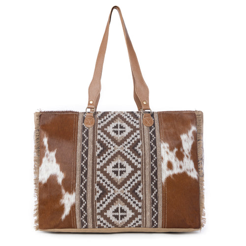 Myra Elisa Leather Weekender Bag - Spacious Cowhide Travel Tote with Tribal Woven Panel and Dual Shoulder Straps - Myra USA