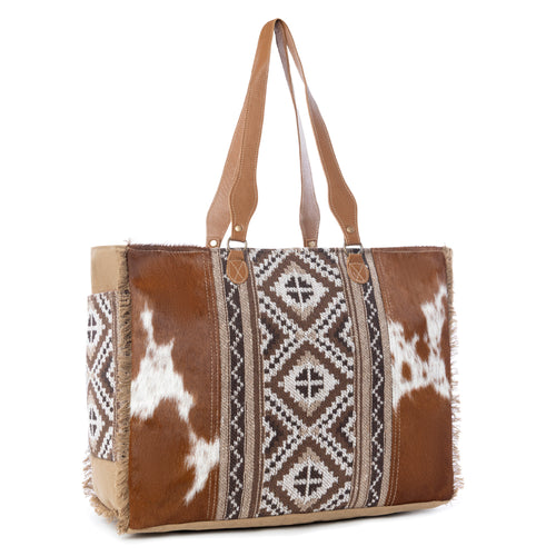 Myra Elisa Leather Weekender Bag - Spacious Cowhide Travel Tote with Tribal Woven Panel and Dual Shoulder Straps - Myra USA