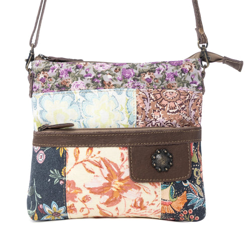 Myra La Fleur Patchwork Crossbody Bag – Floral Canvas Panels, Brown Leather Accents, Boho Cowgirl Everyday Purse - Myra USA