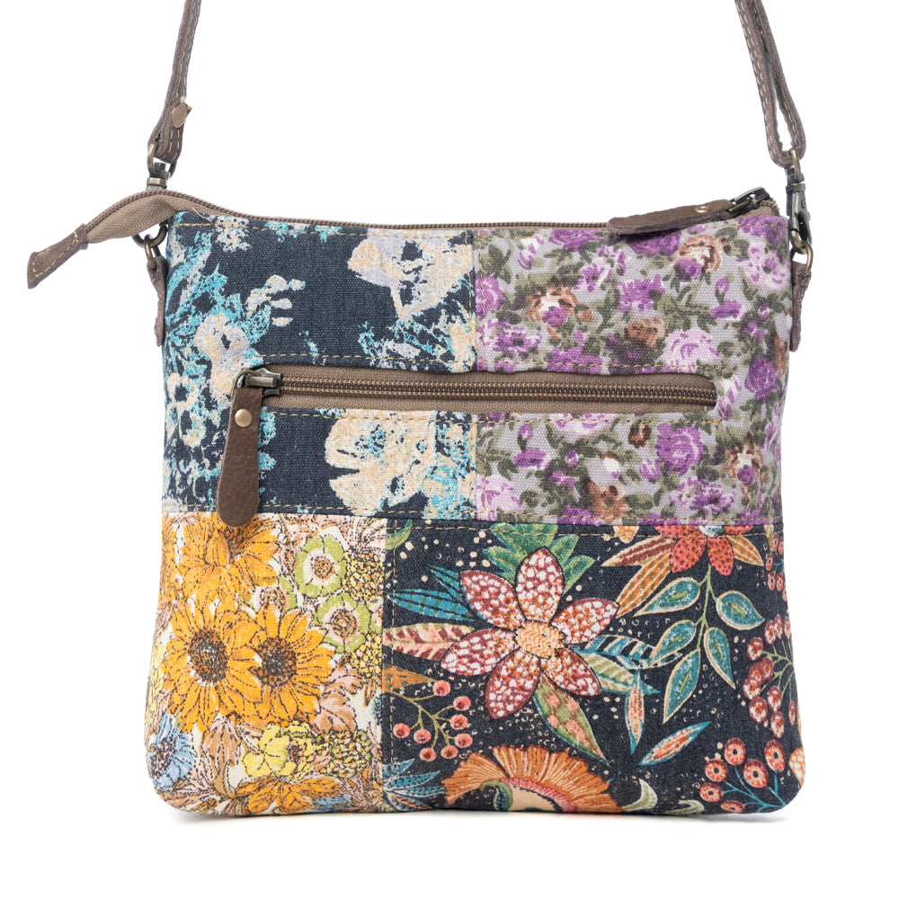 Myra La Fleur Patchwork Crossbody Bag – Floral Canvas Panels, Brown Leather Accents, Boho Cowgirl Everyday Purse - Myra USA