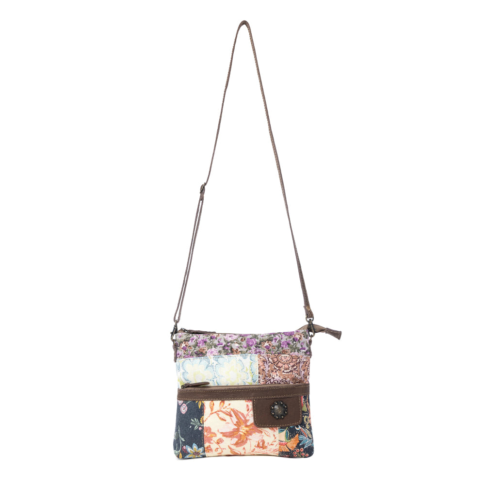 Myra La Fleur Patchwork Crossbody Bag – Floral Canvas Panels, Brown Leather Accents, Boho Cowgirl Everyday Purse - Myra USA