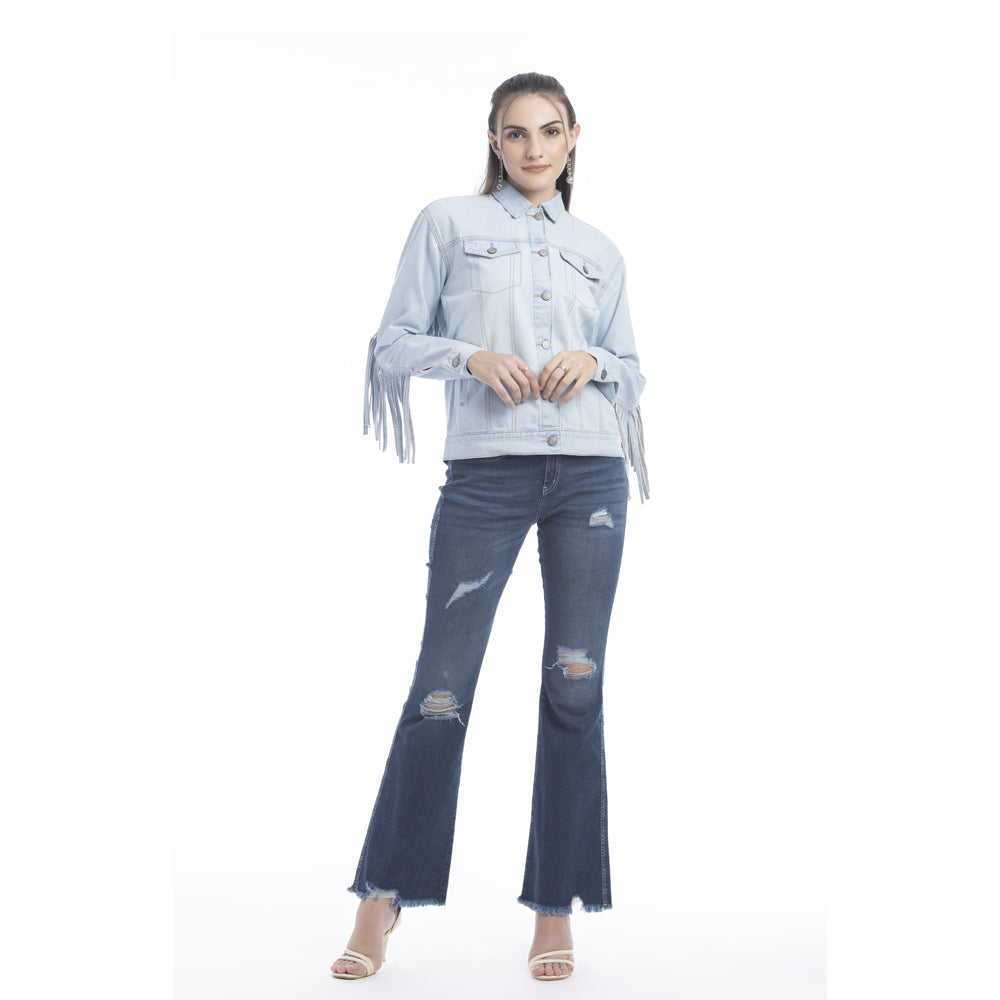 Cassie Fringed Light Wash Denim Jacket - Myra USA