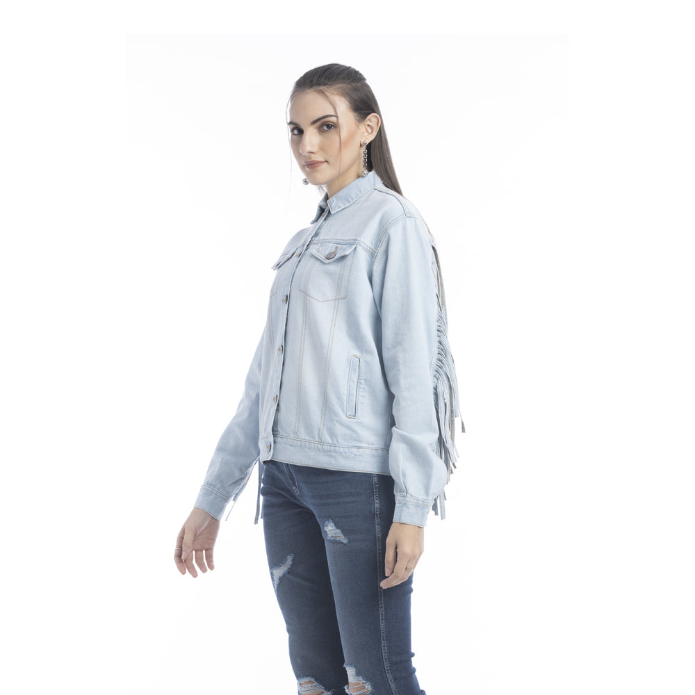 Cassie Fringed Light Wash Denim Jacket - Myra USA