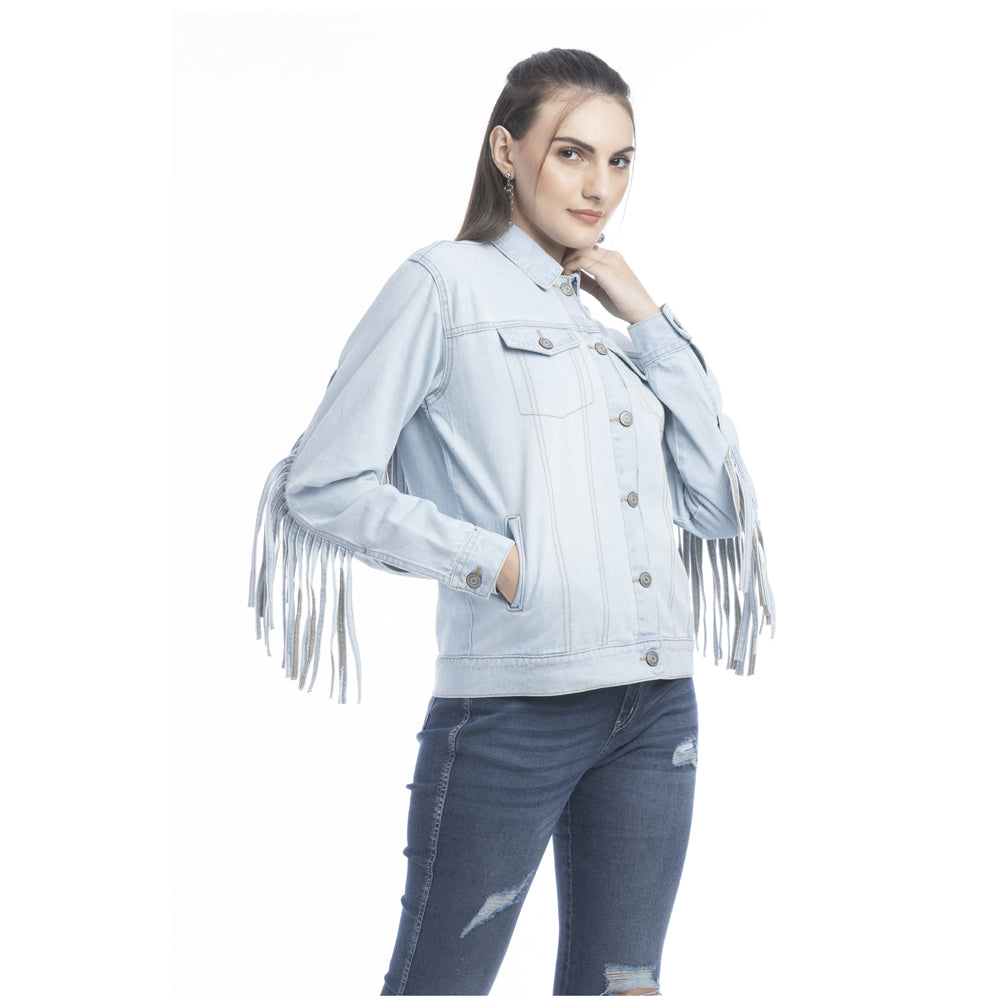 Cassie Fringed Light Wash Denim Jacket - Myra USA