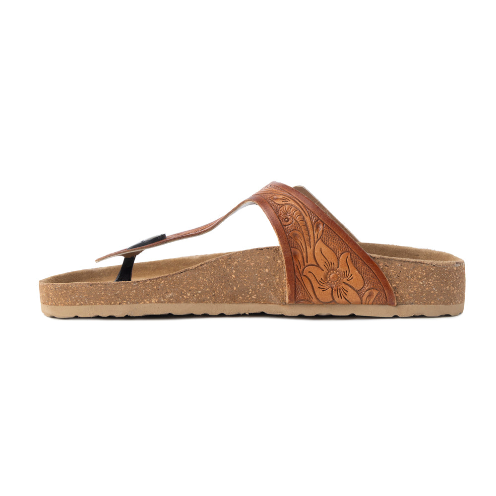 Myra Crockler Handtooled Leather Sandals for Women – Adjustable Western Straps with Comfortable Cork Sole and Engraved Floral Pattern - Myra USA