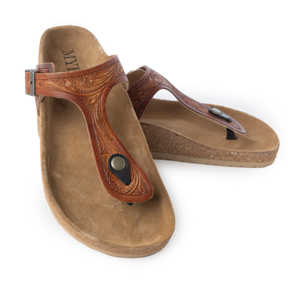 Myra Crockler Handtooled Leather Sandals for Women – Adjustable Western Straps with Comfortable Cork Sole and Engraved Floral Pattern - Myra USA