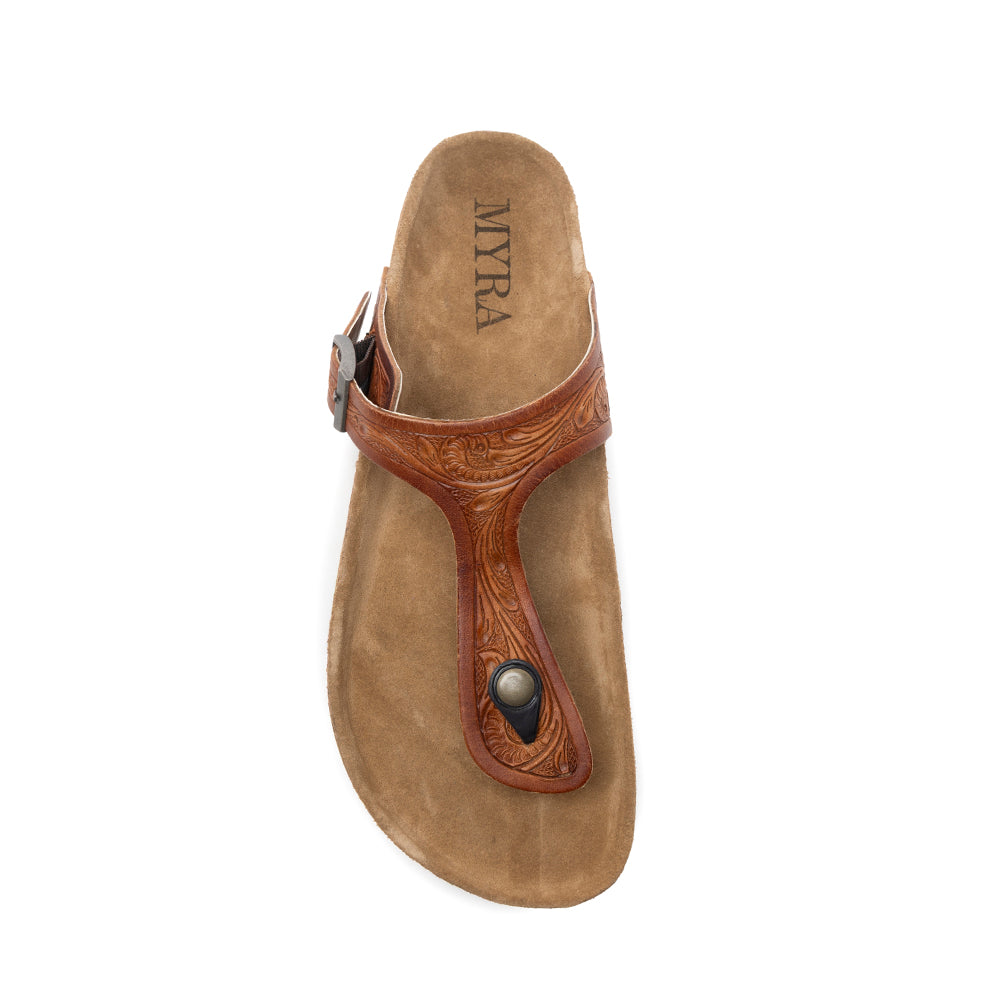 Myra Crockler Handtooled Leather Sandals for Women – Adjustable Western Straps with Comfortable Cork Sole and Engraved Floral Pattern - Myra USA