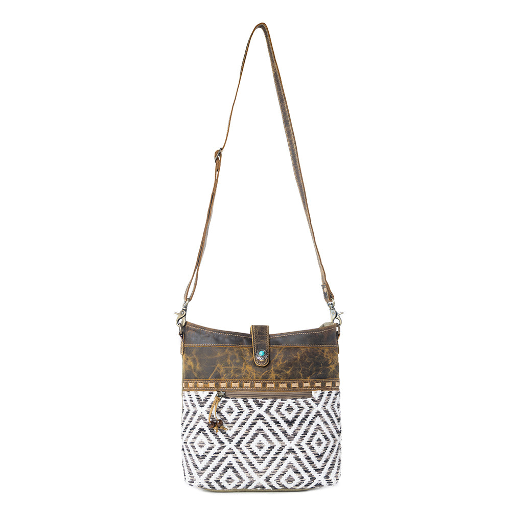 Myra Sand Weaver Shoulder Bag for Women – Rustic Brown Leather, Jacquard Geometric Print, Turquoise Stone Snap for Ranch Chic