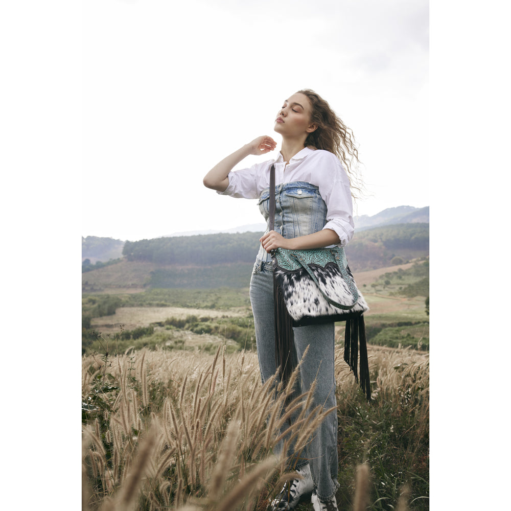 Turquoise Zapata Leather & Hairon Bag. - Myra USA
