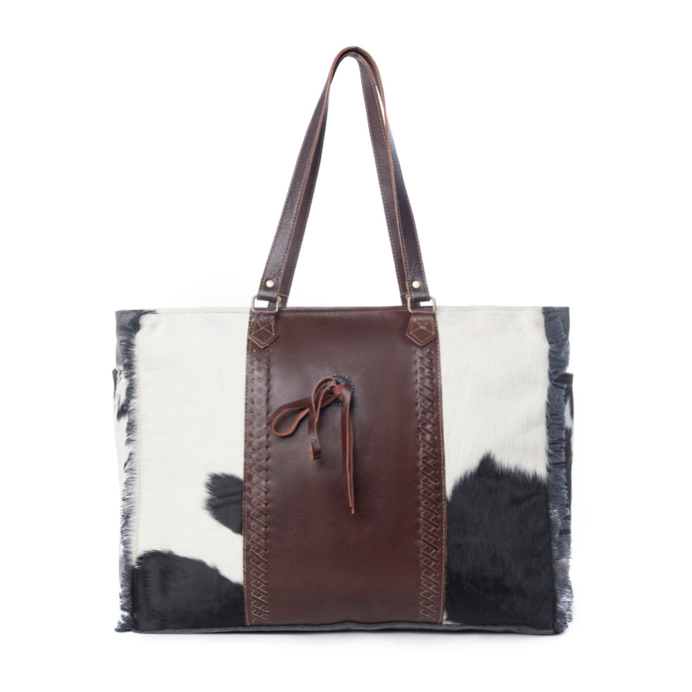 Myra Rosalinda Cross Stitched Hairon Leather Weekender Bag - Spacious Travel Tote with Stitch Trim and Durable Shoulder Straps - Myra USA