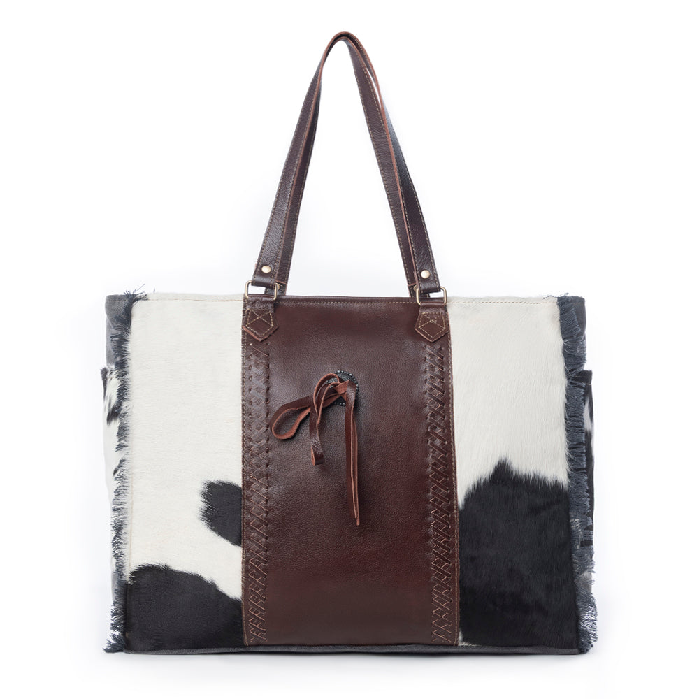 Myra Rosalinda Cross Stitched Hairon Leather Weekender Bag - Spacious Travel Tote with Stitch Trim and Durable Shoulder Straps - Myra USA