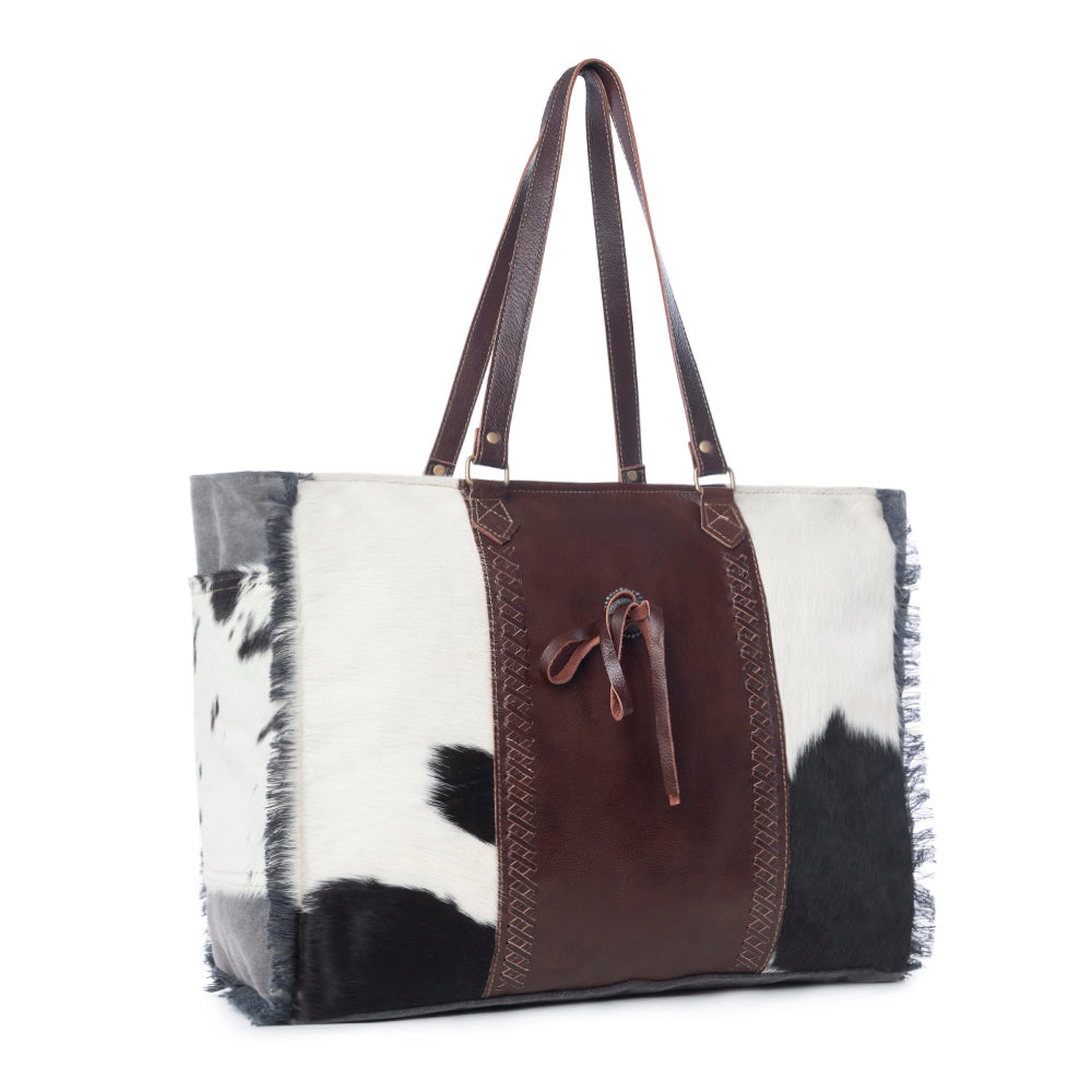 Myra Rosalinda Cross Stitched Hairon Leather Weekender Bag - Spacious Travel Tote with Stitch Trim and Durable Shoulder Straps - Myra USA