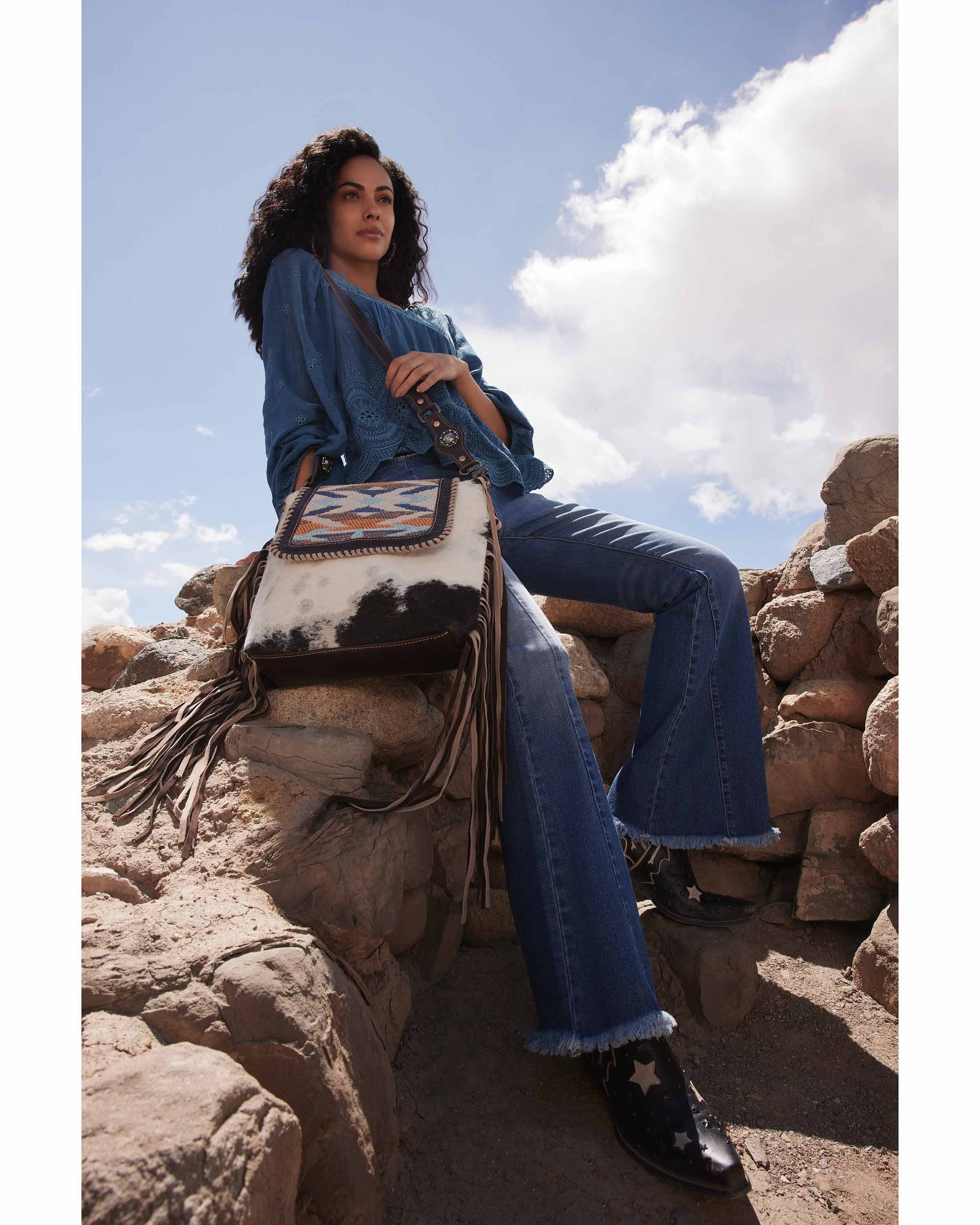 Sun Serape Fringed Leather Hairon Bag - Myra USA
