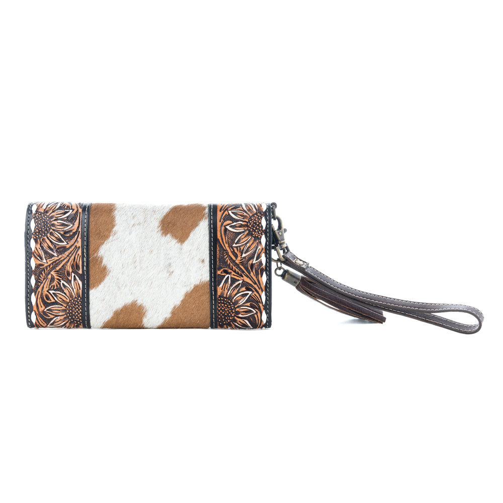 Myra Sandstone Trail Hairon Wristlet Wallet - Handtooled Leather with Western Floral Pattern and Tassel Strap for Easy Use - Myra USA