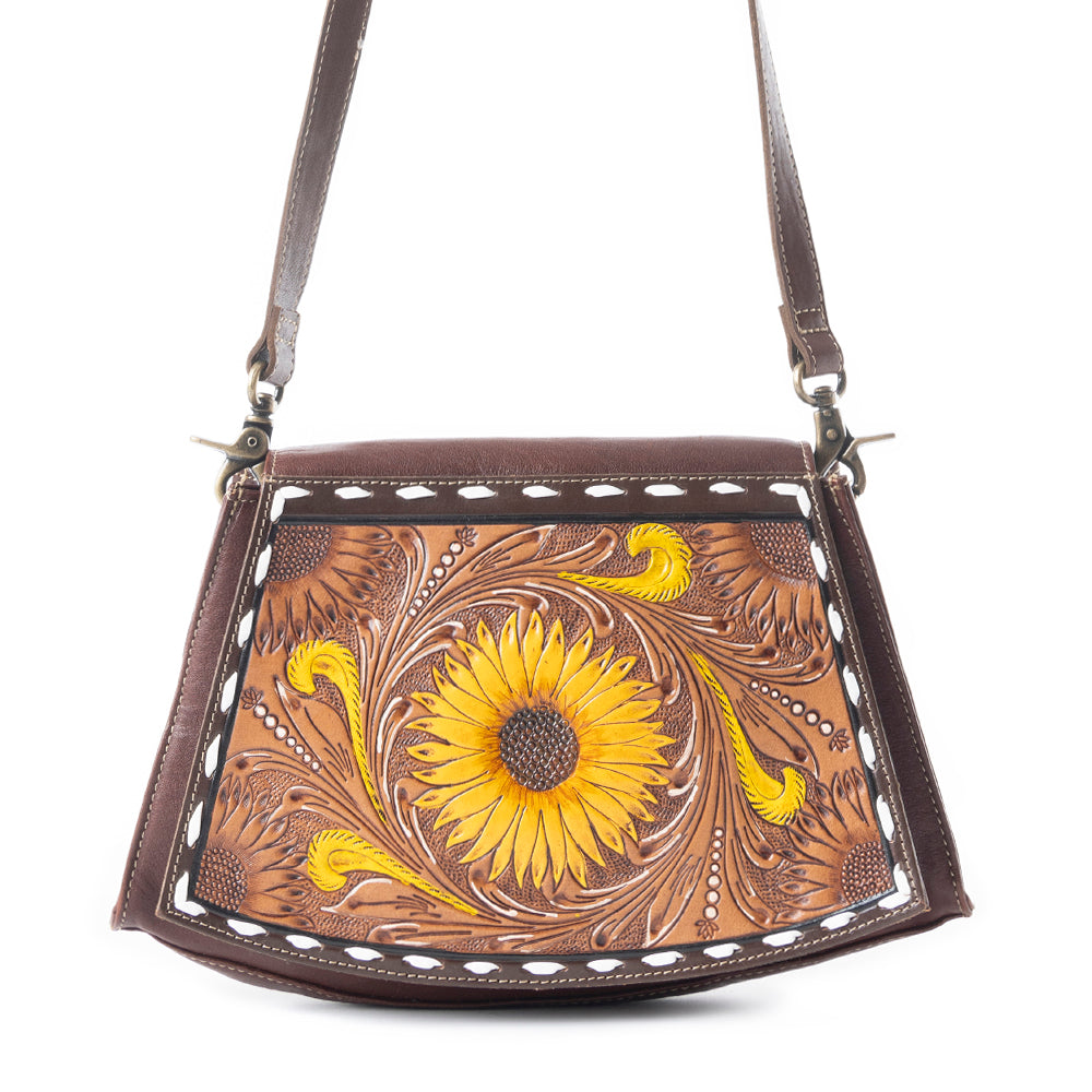 Showy Sunflower Trapezoid Hand-Tooled Bag - Myra USA