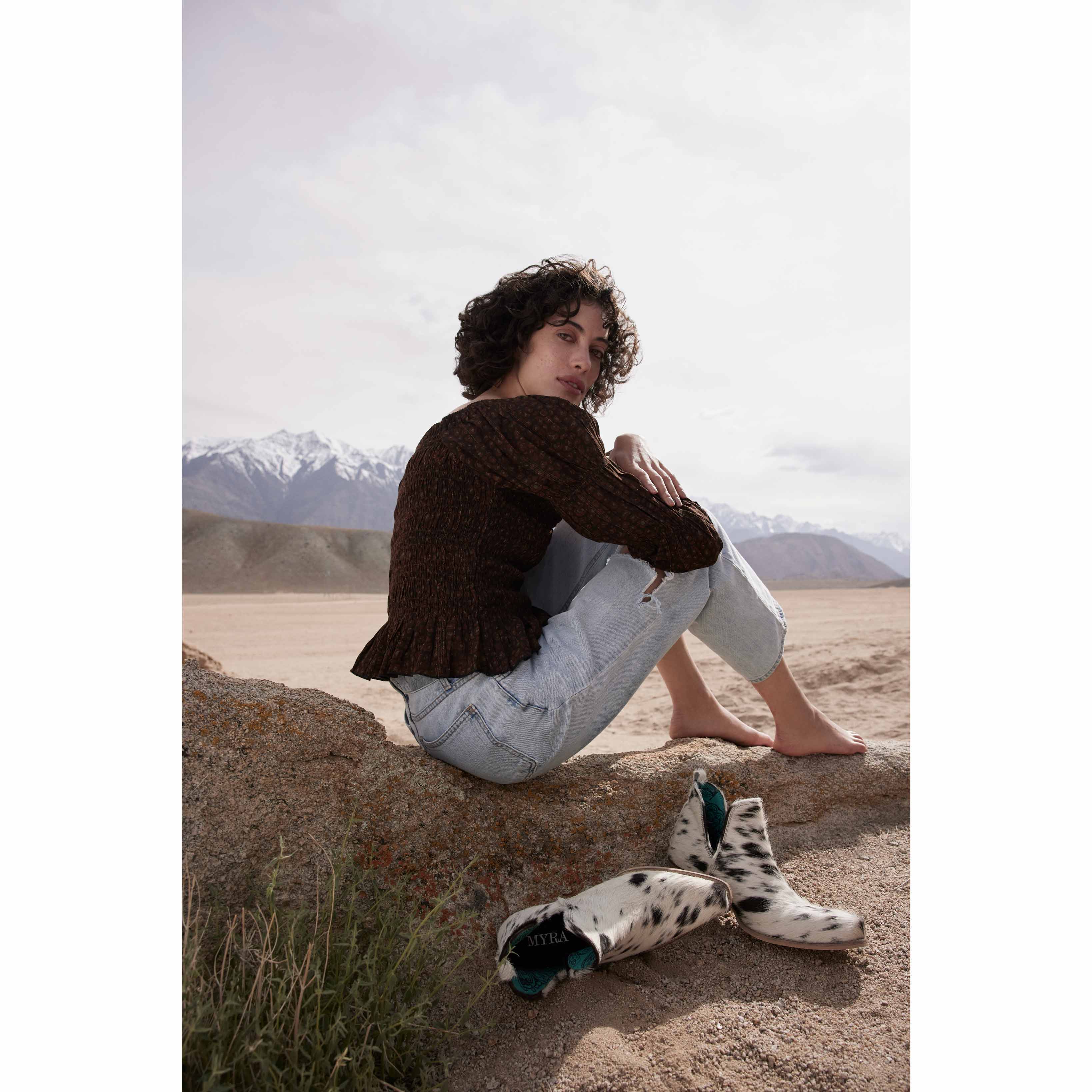 Sunset Bloom Split-Top Hair-On Hide Boots In Black & White - Myra USA
