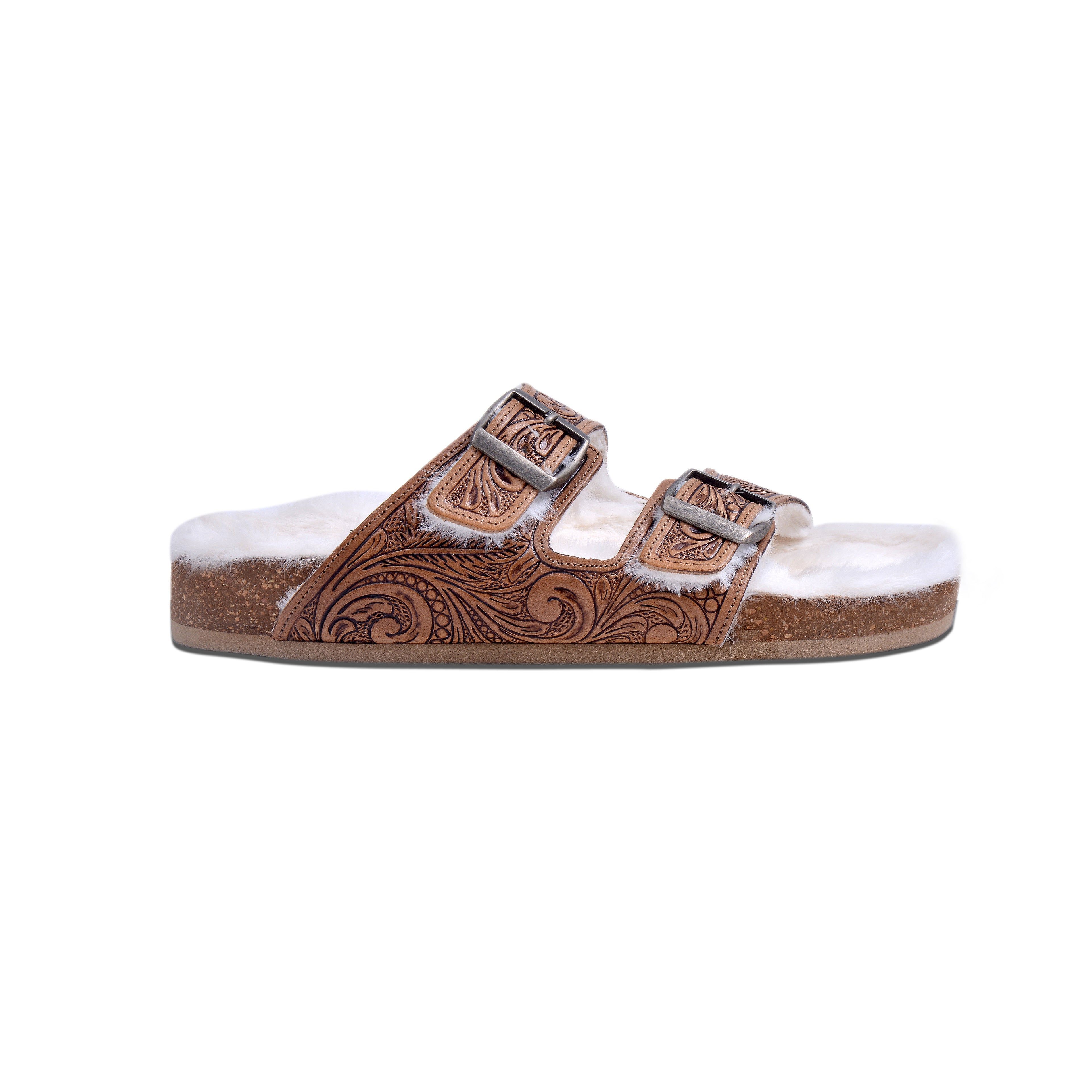 Trail Winder Hand-tooled Fur Comfort Leather Sandals - Myra USA