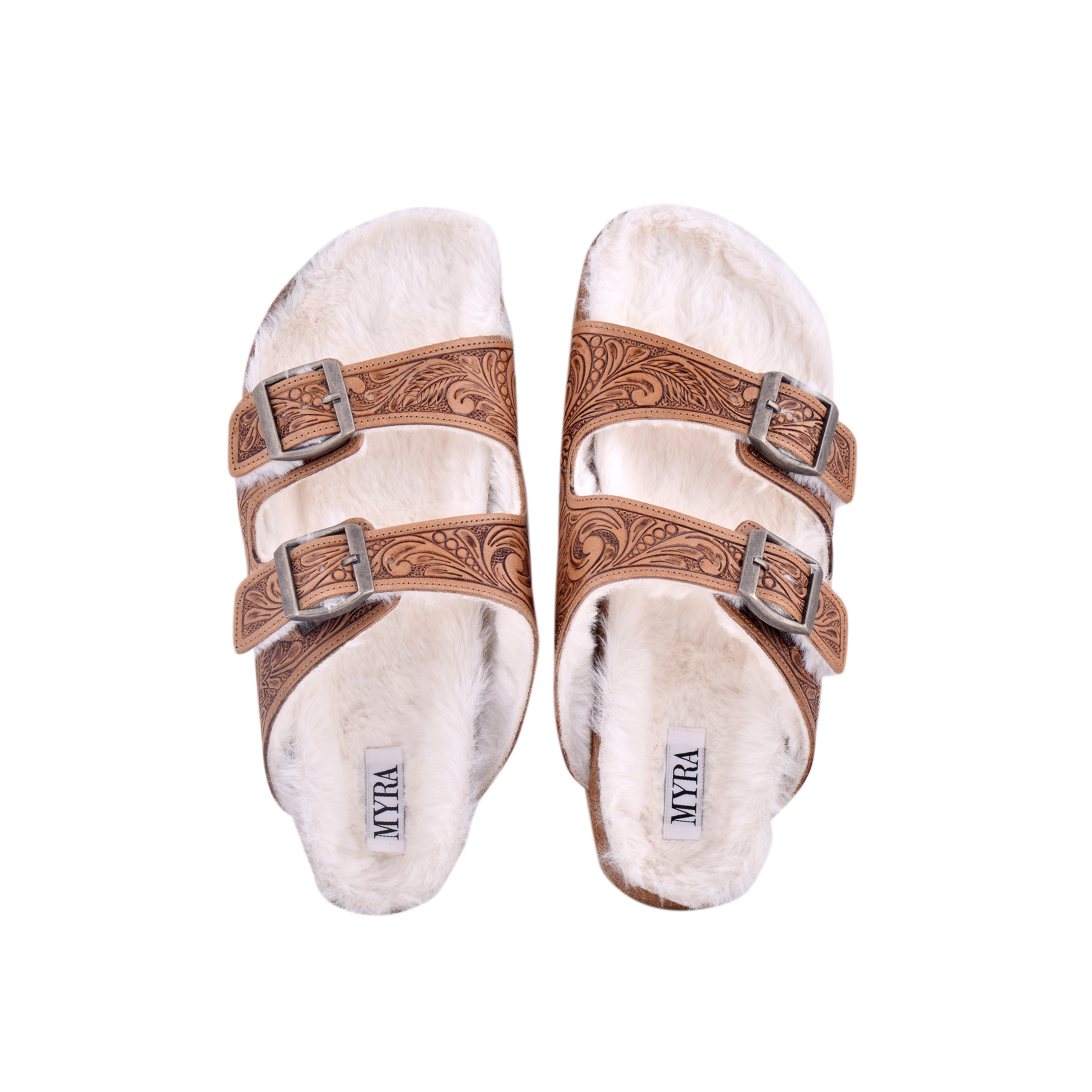 Trail Winder Hand-tooled Fur Comfort Leather Sandals - Myra USA