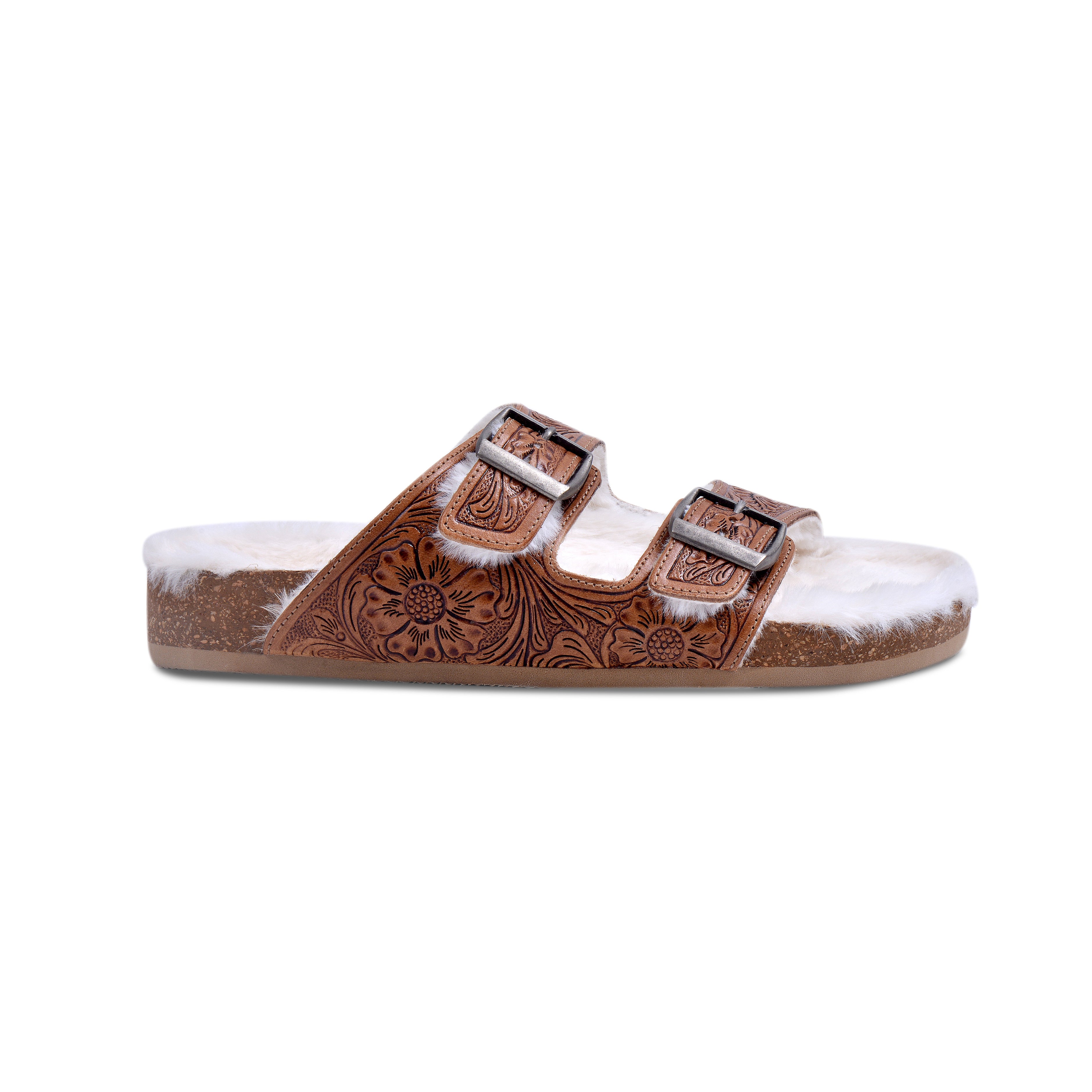 Prairie Winds Hand-tooled Fur Comfort Leather Sandals - Myra USA