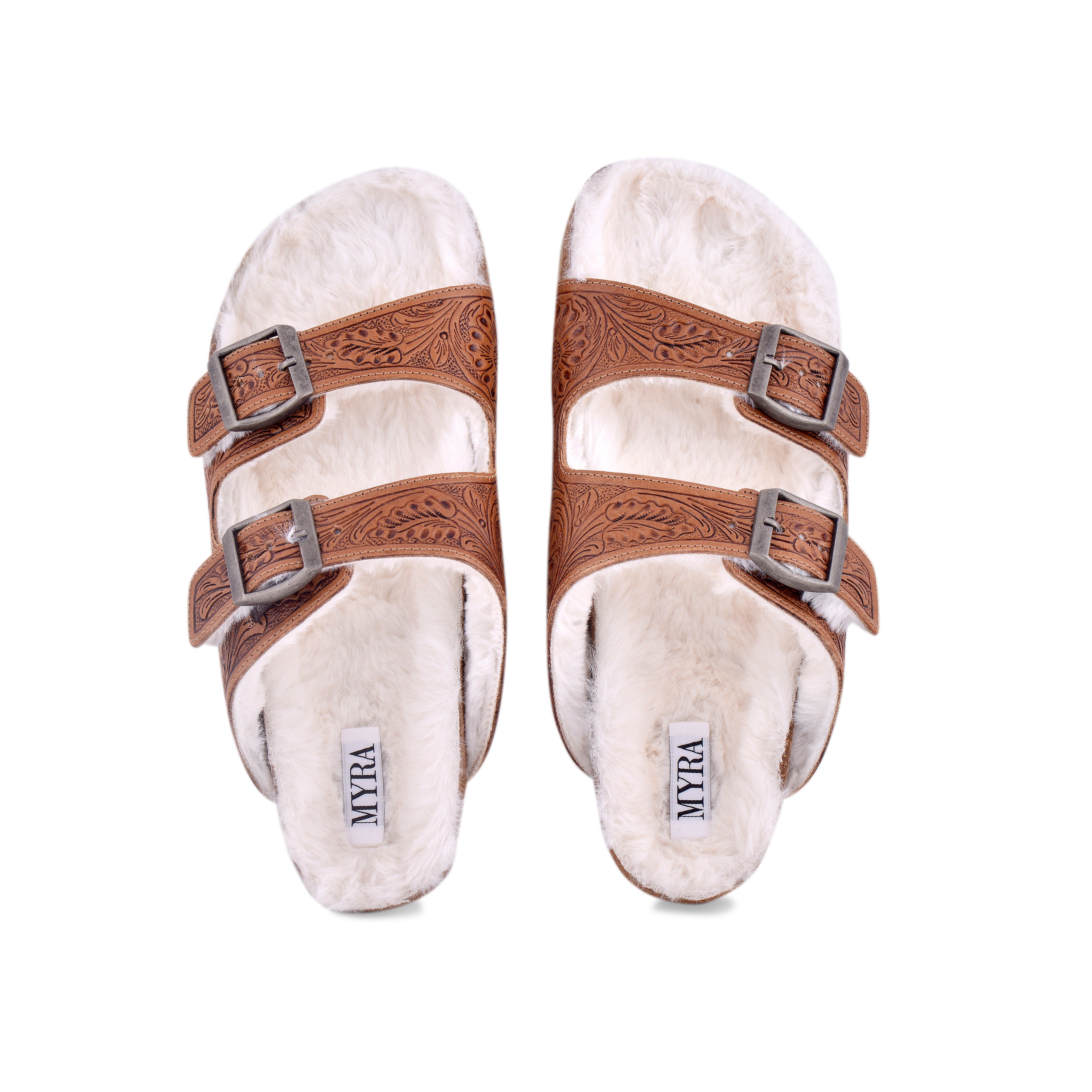 Prairie Winds Hand-tooled Fur Comfort Leather Sandals - Myra USA