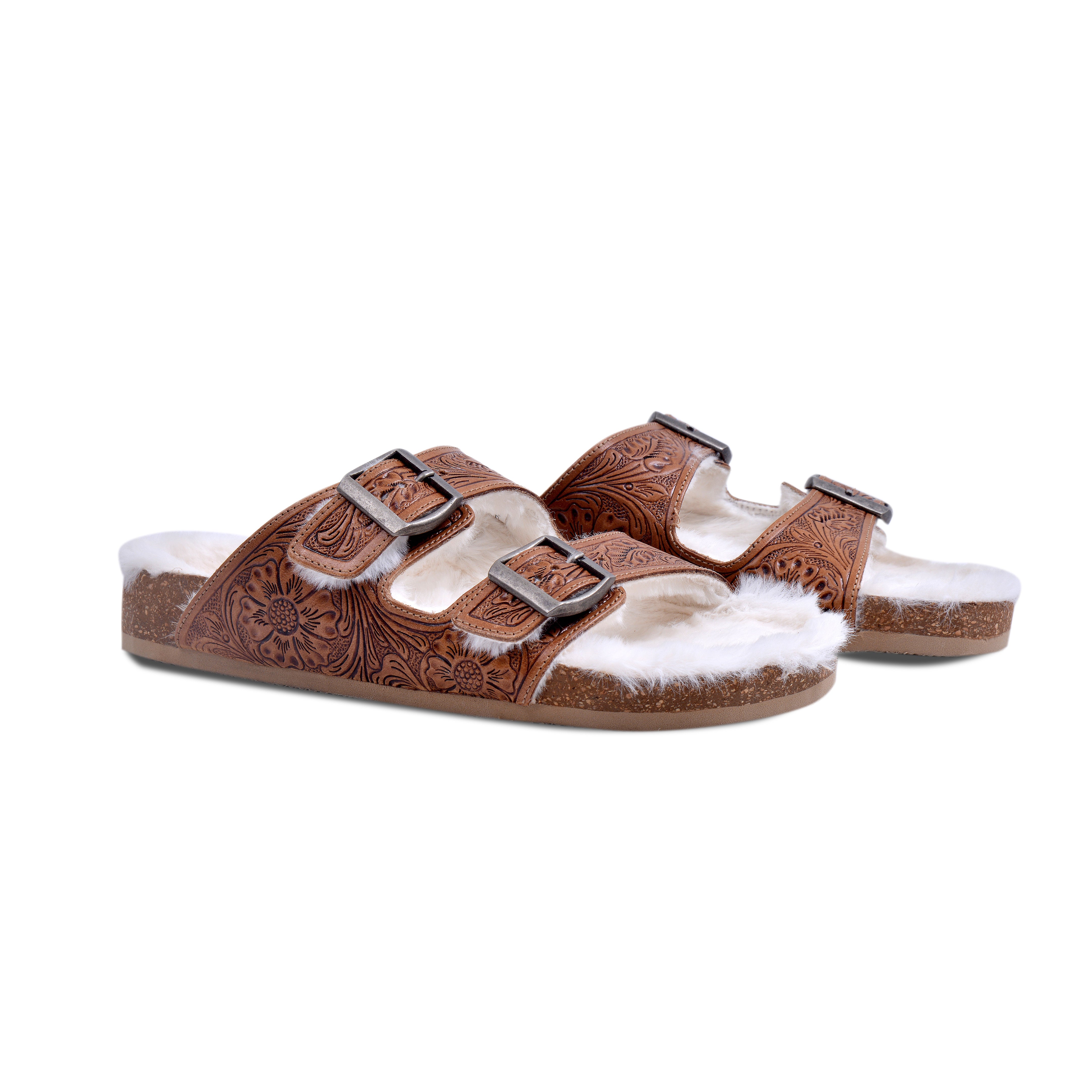Prairie Winds Hand-tooled Fur Comfort Leather Sandals - Myra USA