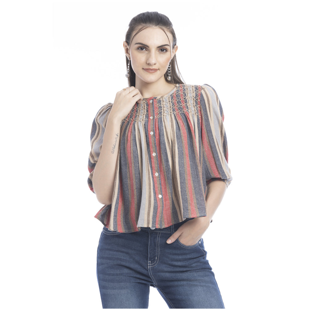 Heather Striped Button Front Top - Myra USA